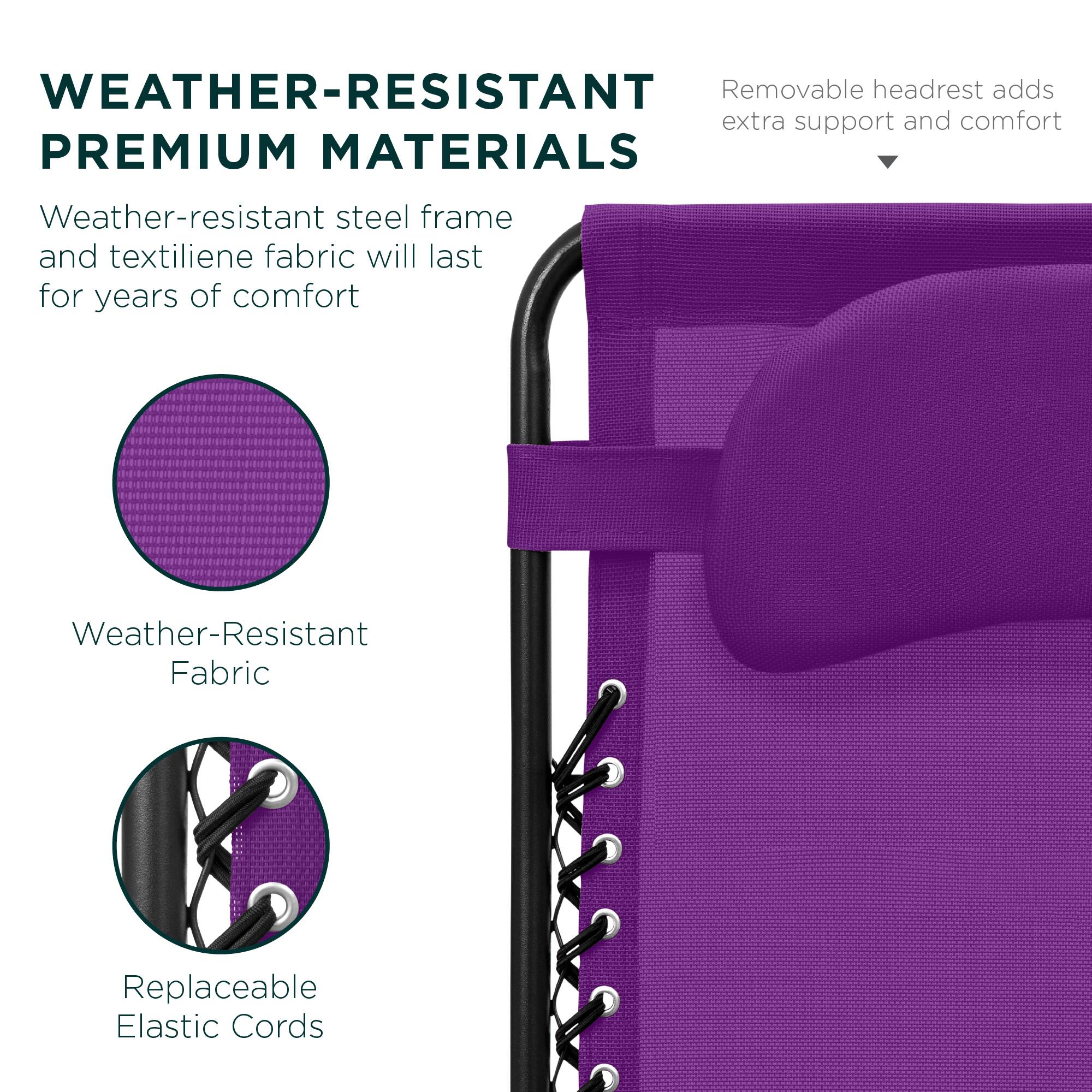 WEATHER-RESISTANT PREMIUM MATERIALS

Weather-resistant steel frame and textilene fabric will last for years of comfort

Weather-Resistant Fabric

Replaceable Elastic Cords

Removable headrest adds extra support and comfort