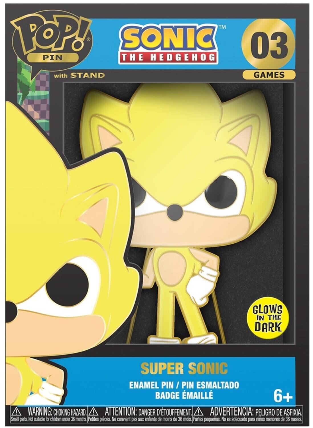 TM POP! SONIC 03 PIN THE HEDGEHOG with STAND GAMES GLOWS IN THE DARK SUPER SONIC ENAMEL PIN / PIN ESMALTADO BADGE ÉMAILLÉ 6+ ! WARNING: CHOKING HAZARD. ATTENTION: DANGER D'TOUFFEMENT. ADVERTENCIA: PELIGRO DE ASFIXIA. Small parts. Not suitable for children under 36 months Petites pices. Ne convient pas aux enfants de moins de 36 mois. Partes pequeas. No es adecuado para niños menores de 36 meses.