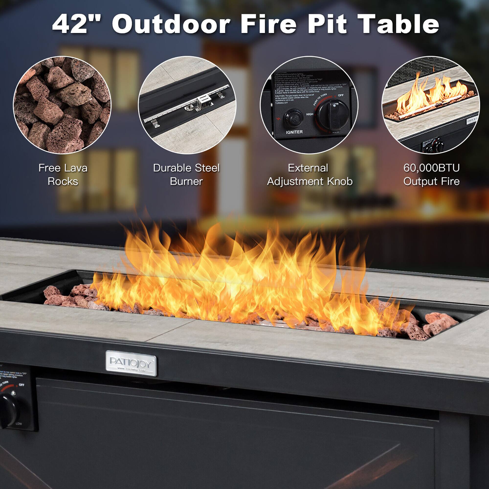 42" Outdoor Fire Pit Table - I IGNITER Free Lava Rocks Durable Steel Burner External Adjustment Knob 60,000BTU Output Fire PATIOJOY