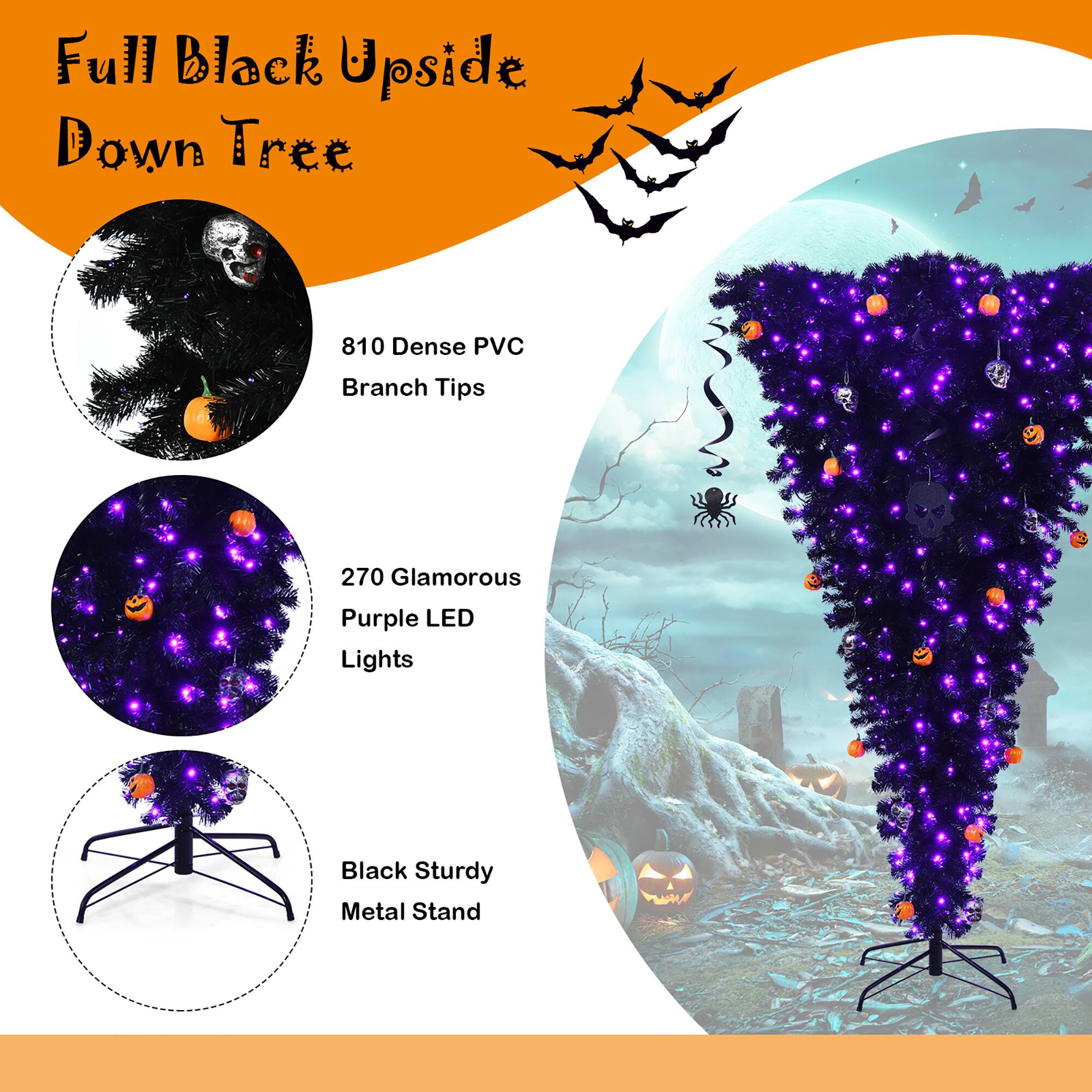 Full Black Upside Down Tree 810 Dense PVC Branch Tips 270 Glamorous Purple LED Lights Black Sturdy Metal Stand