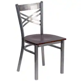 Flash Furniture - HERCULES Series Silver Antique Finish with Clear Coat ''X'' Back Metal Restaurant Chair - Walnut Wood Seat - Brown