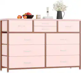 Acekool - 55" Dresser TV Stand with 10 Drawers, Bedroom Entertainment Center and Storage Organizer - Pink