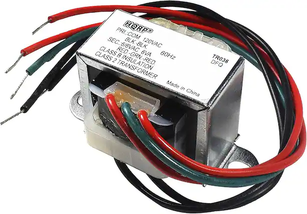 HORP®
PRI: COM 120VAC
SEC: 6/6VAC
BLK-BLK.
CLASS B INSULATION - RED.
CLASS 2 TRANSFORMER
6VA
60Hz
Made in China
TR038
DFQ
