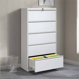 HTUTWOO - Metal Lateral File Cabinet with Lock - 5 Drawer Lockable File Cabinet for Home Office, Legal/Letter/A4/F4 Size - White