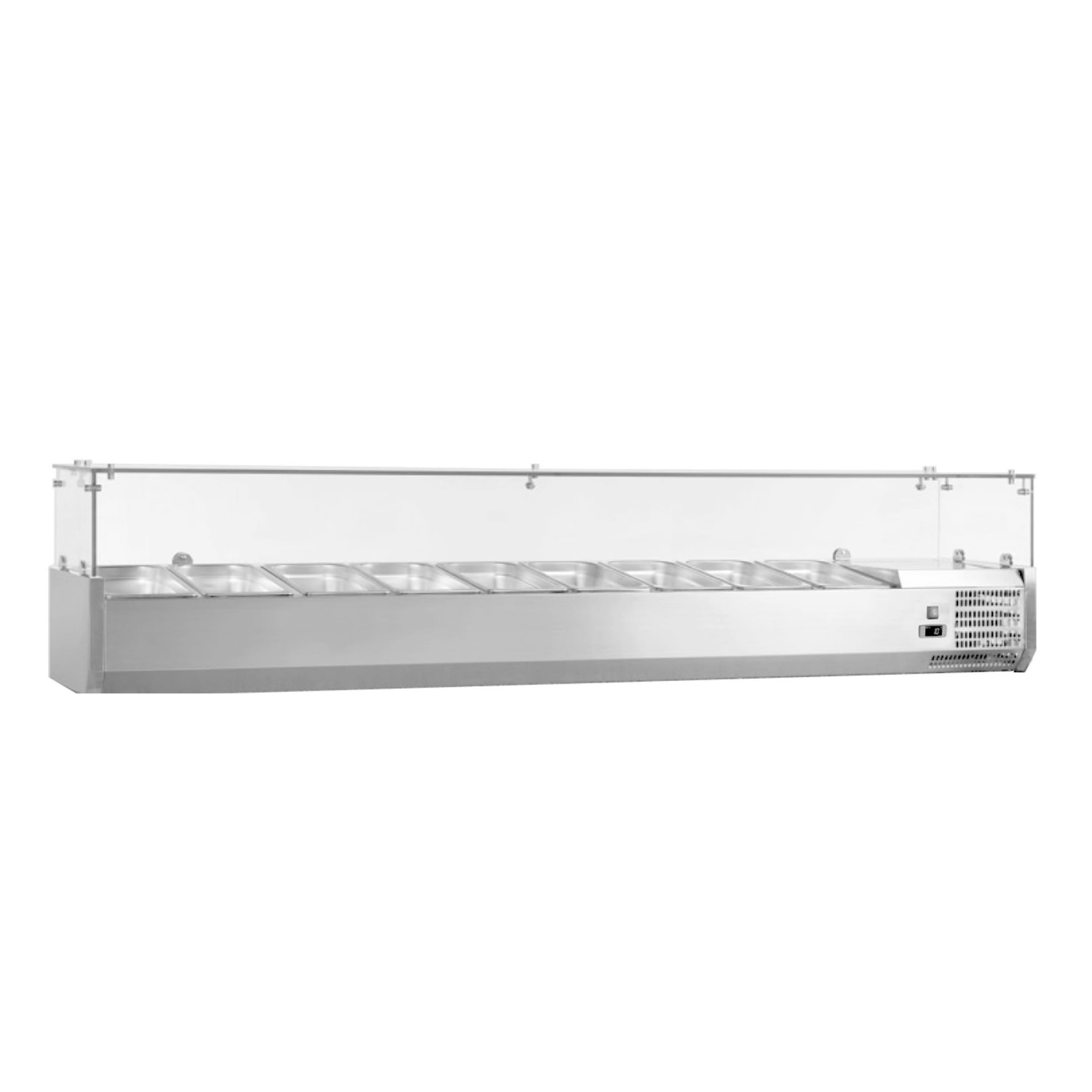 Equator - Commercial Refrigerator Condiment Prep Station, Glass Lid, 9 Pan (GN1/3×9), 33–41°F, 78.7" - Stainless Steel
