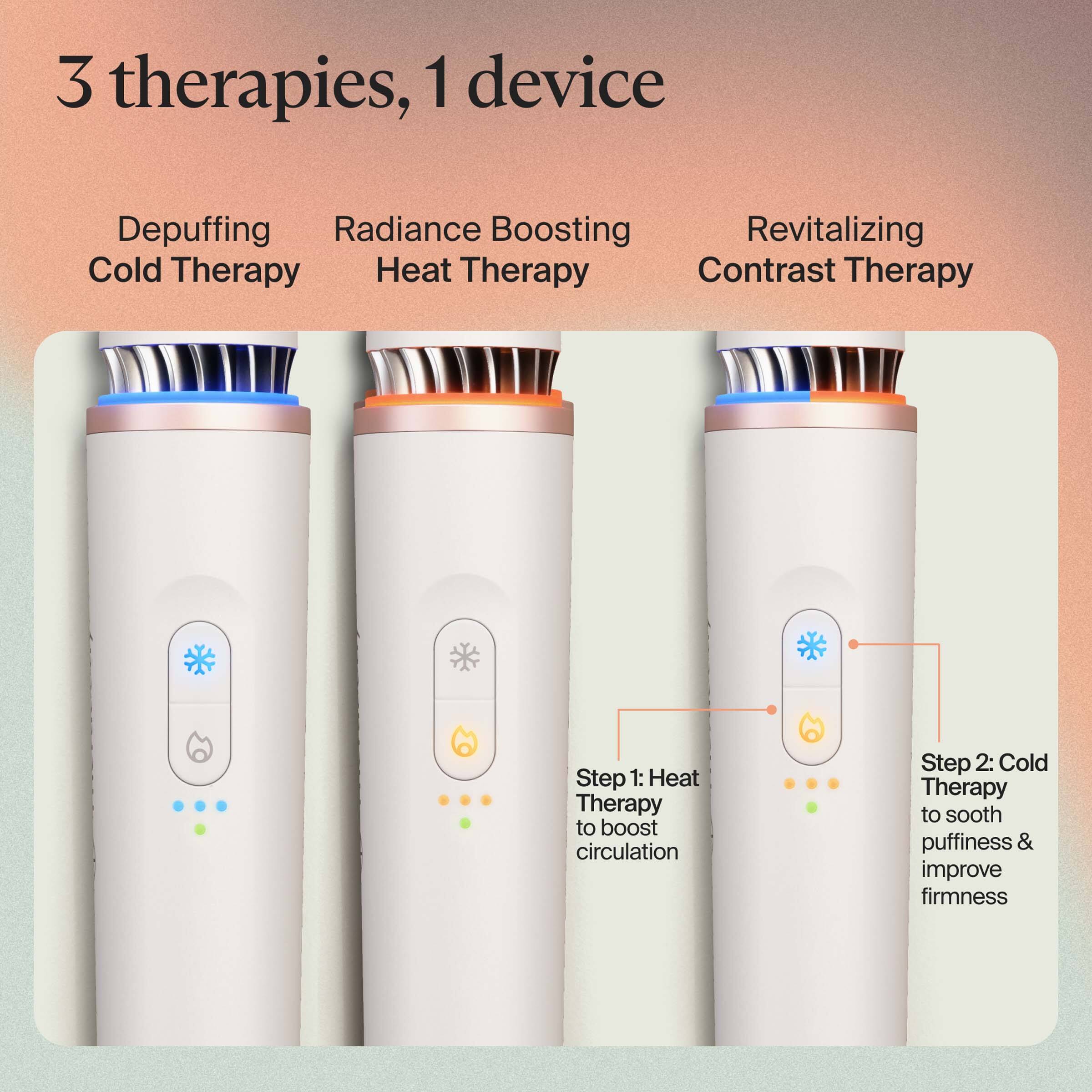 3 therapies, 1 device

Depuffing Cold Therapy  
Radiance Boosting Heat Therapy  
Revitalizing Contrast Therapy

Step 1: Heat Therapy to boost circulation  
Step 2: Cold Therapy to soothe puffiness & improve firmness