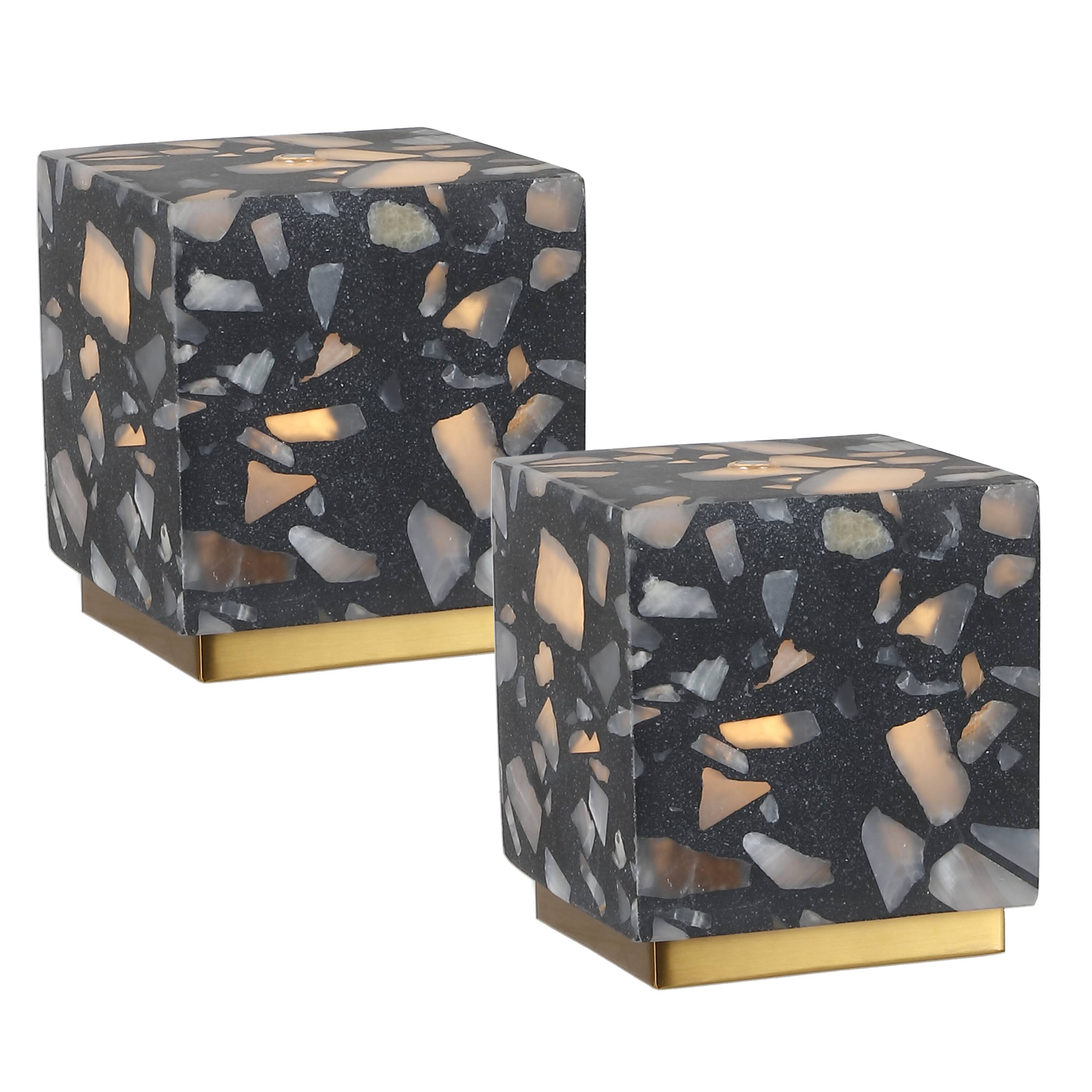 Front. Jonathan Y - Lara 4.63" Terrazzo Rechargeable Dimmable Integrated LED Mini Table Lamp with Touch Sensor, Black/Brass Gold (Set of 2) - Black Terrazzo.