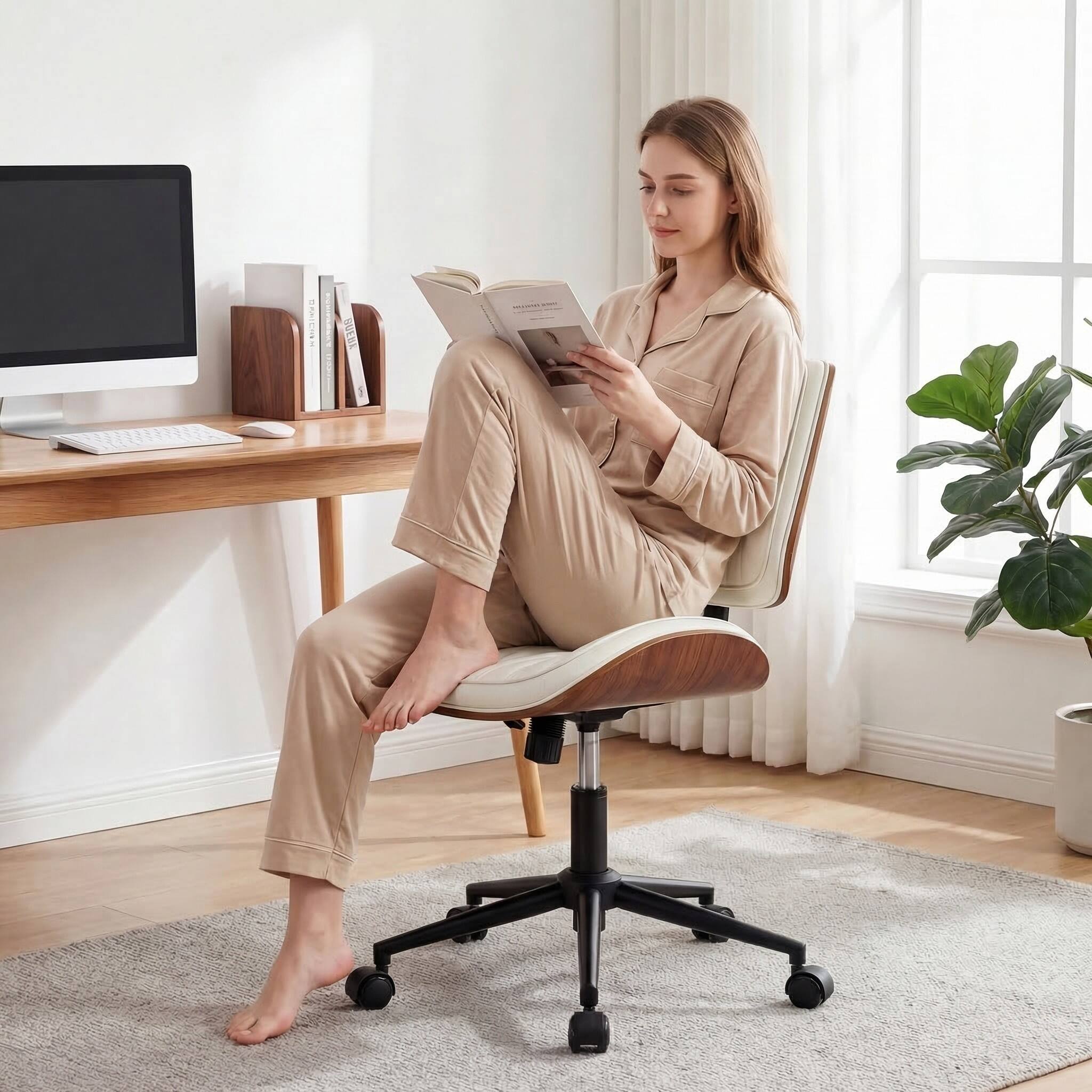 Alt View 5. KERDOM - Mid-century Walnut Home Office Chair, PU Leather Swivel Tilt Armless Mid Back Computer Chair for Reading Meeting Room - White.