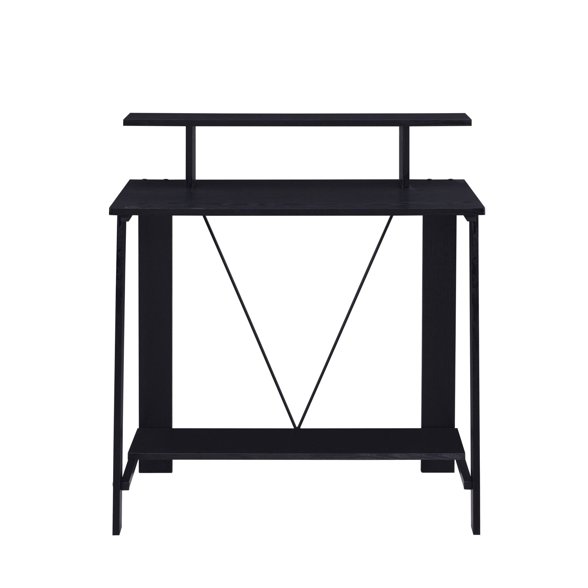 Alt View 3. Glintex - Rectangular Writing Desk with Top and Bottom Storage Shelves, Sturdy 15mm Panels and Metal V-Back Support - Black.