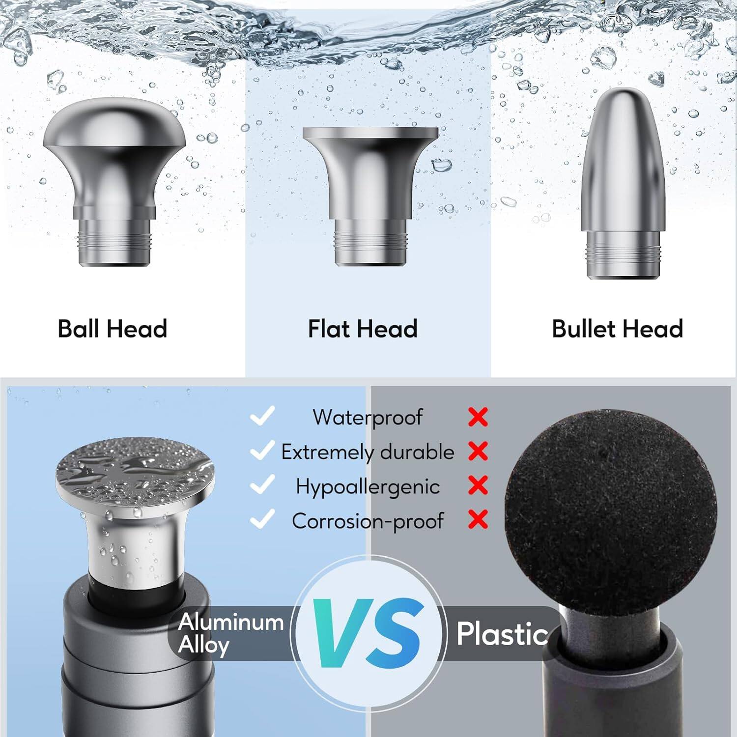 Ball Head  
Flat Head  
Bullet Head  

Waterproof  
Extremely durable  
Hypoallergenic  
Corrosion-proof  

Aluminum Alloy VS Plastic