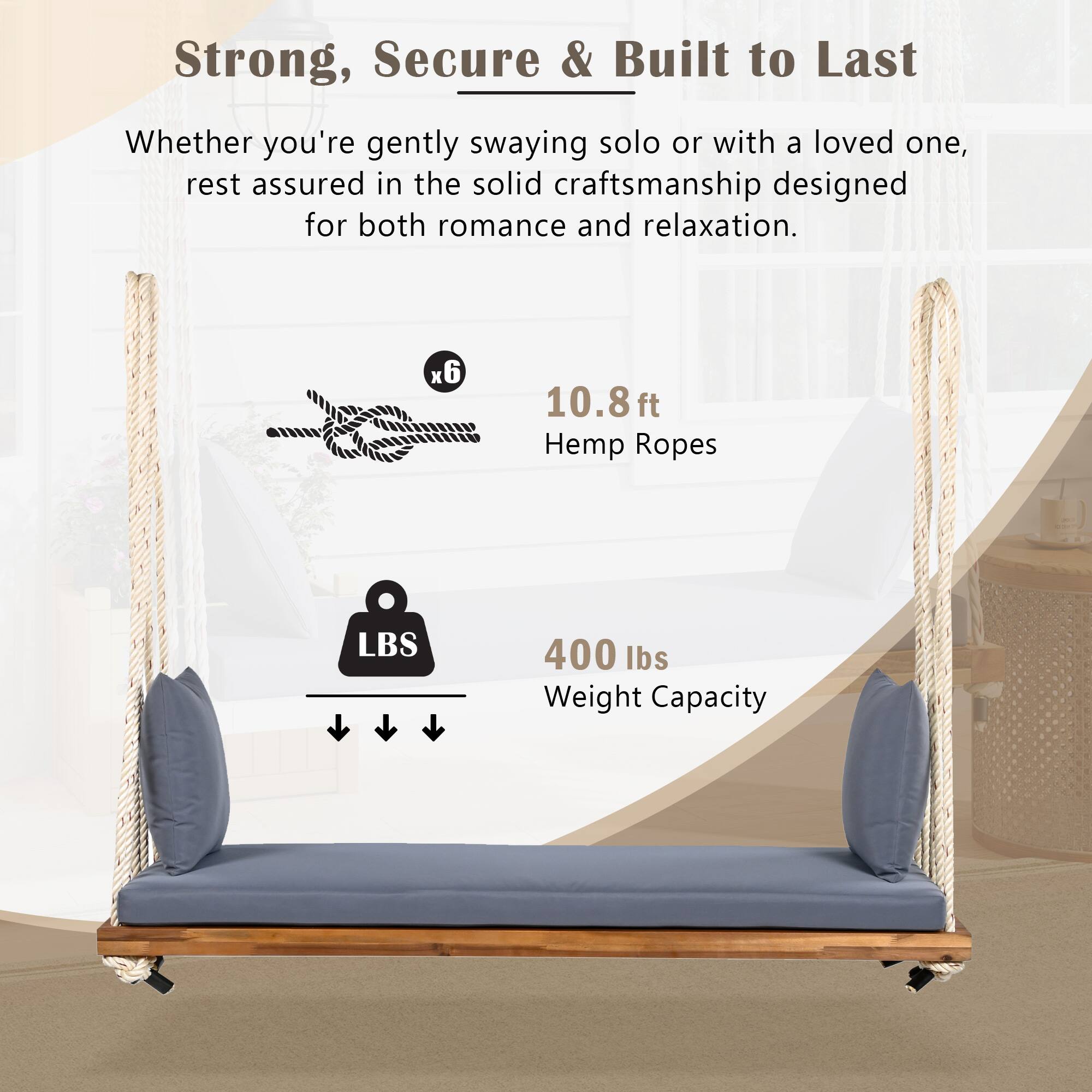 Strong, Secure & Built to Last

Whether you're gently swaying solo or with a loved one, rest assured in the solid craftsmanship designed for both romance and relaxation.

x6 10.8 ft Hemp Ropes

400 lbs Weight Capacity