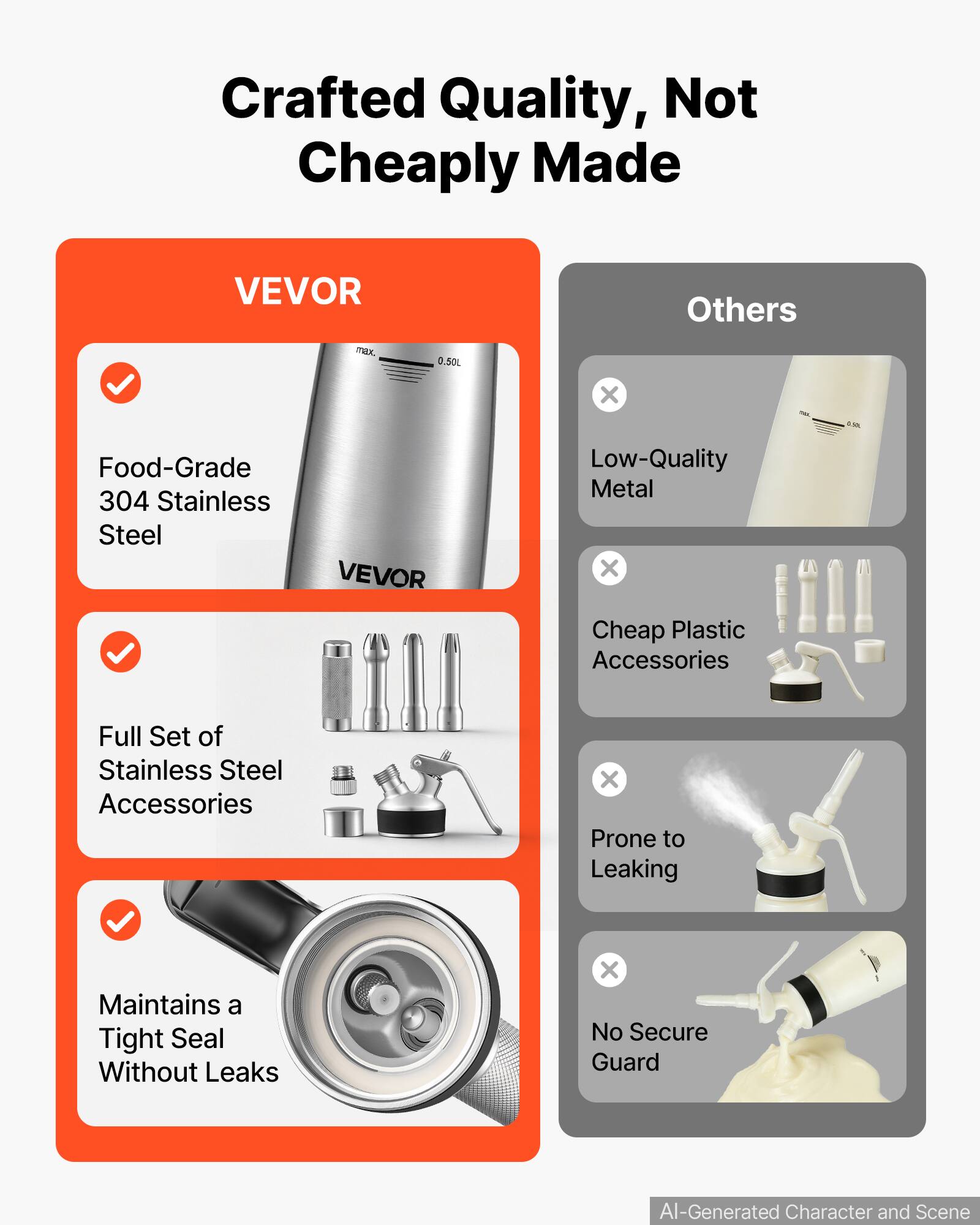 Crafted Quality, Not Cheaply Made

VEVOR
- Food-Grade 304 Stainless Steel
- Full Set of Stainless Steel Accessories
- Maintains a Tight Seal Without Leaks

Others
- Low-Quality Metal
- Cheap Plastic Accessories
- Prone to Leaking
- No Secure Guard

AI-Generated Character and Scene