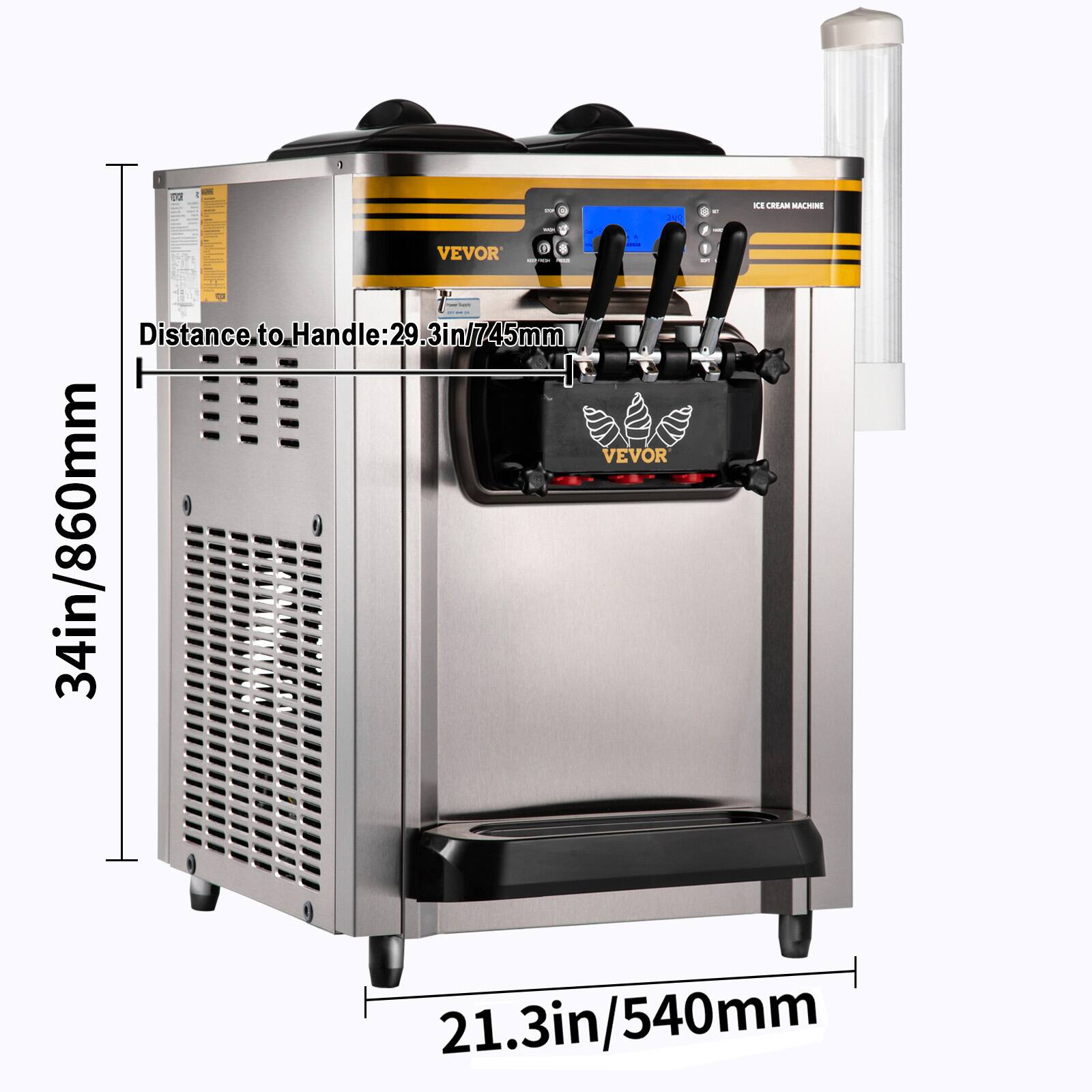 34in/860mm  
1019 ICE CREAM MACHINE WIS VEVOR - Distance to Handle: 29.3in/745mm VEVOR 21.3in/540mm