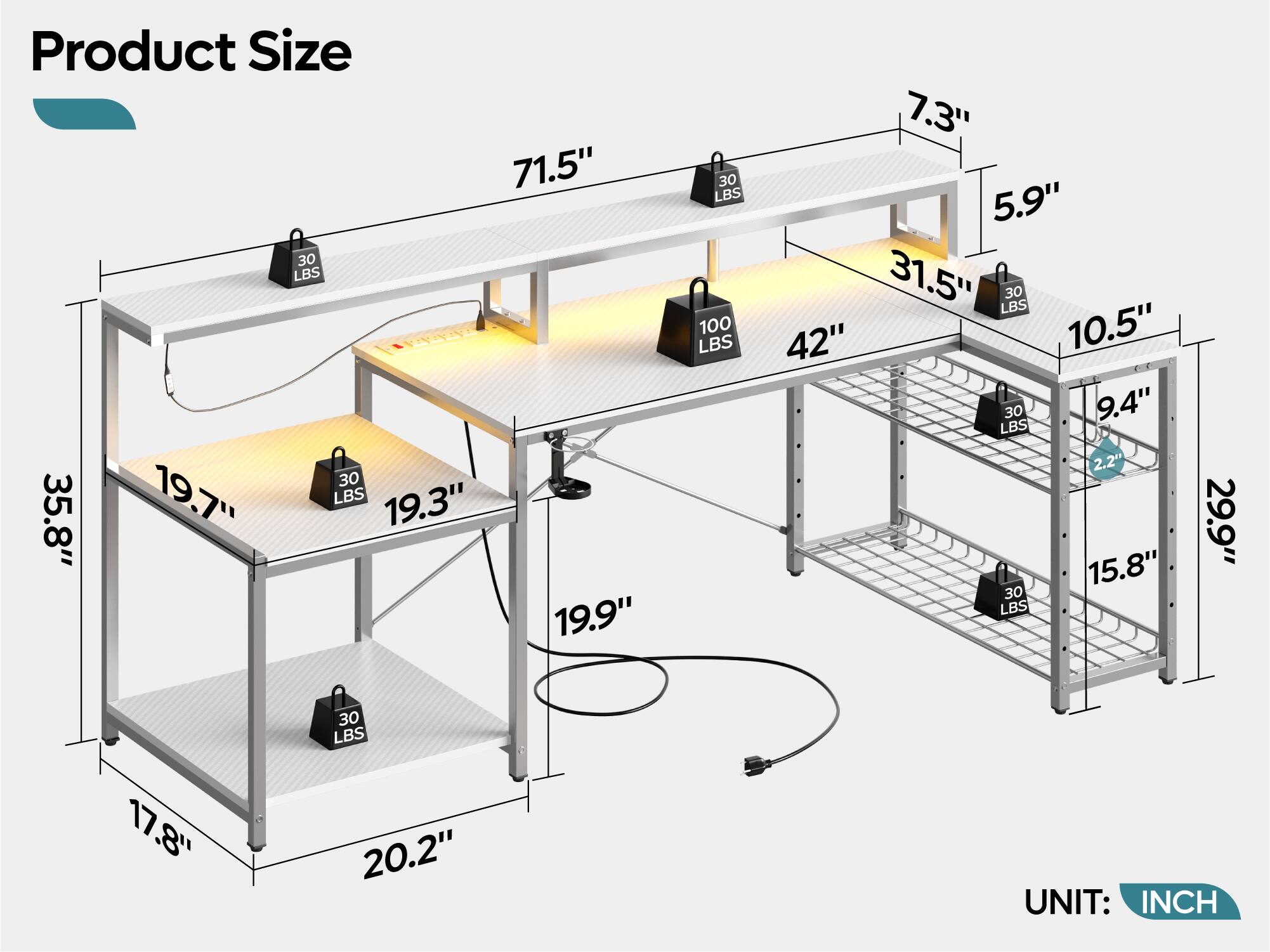 Bestier 71in L shaped Computer desk with power outlet LED Gaming Desk