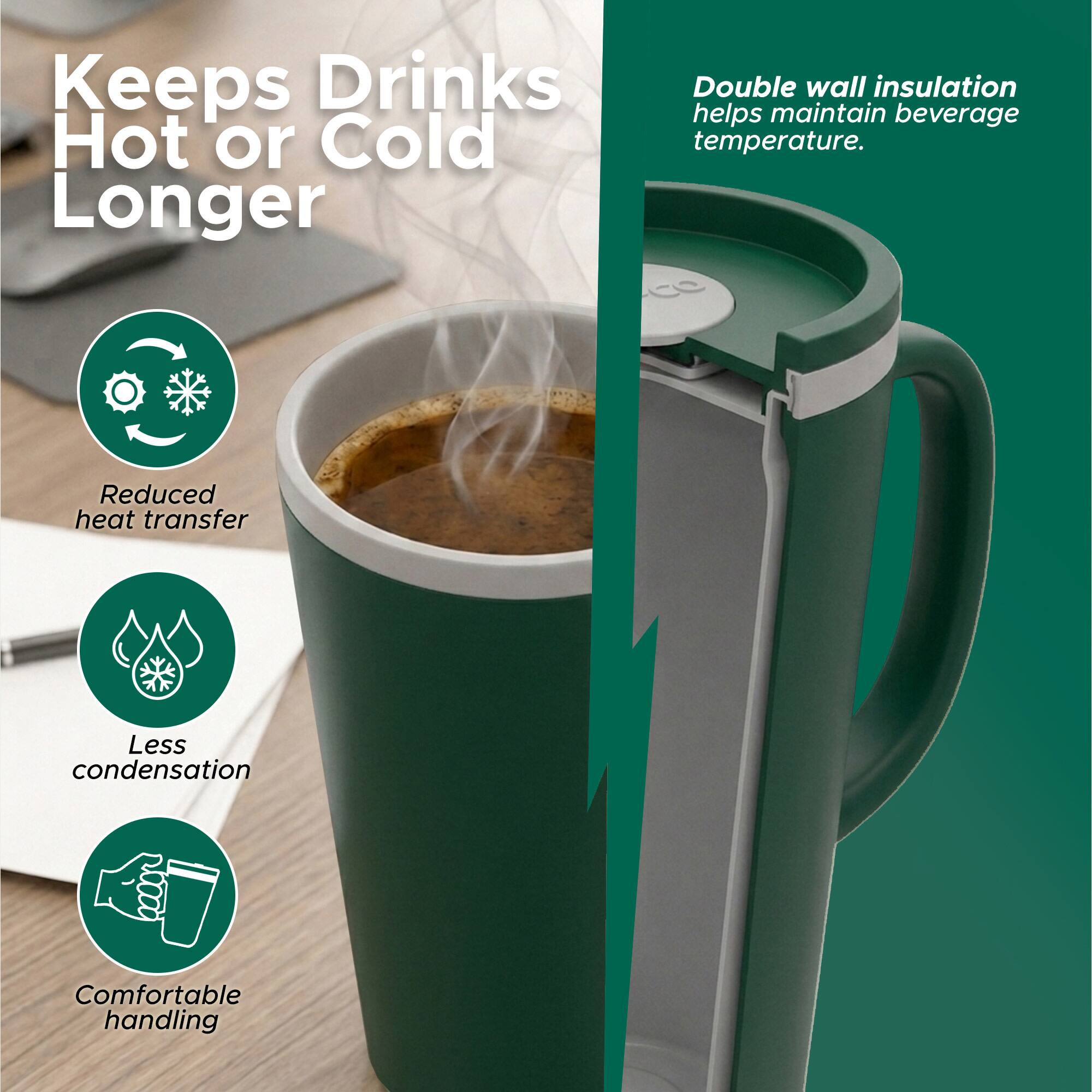 Keeps Drinks Hot or Cold Longer

Double wall insulation helps maintain beverage temperature.

- Reduced heat transfer
- Less condensation
- Comfortable handling