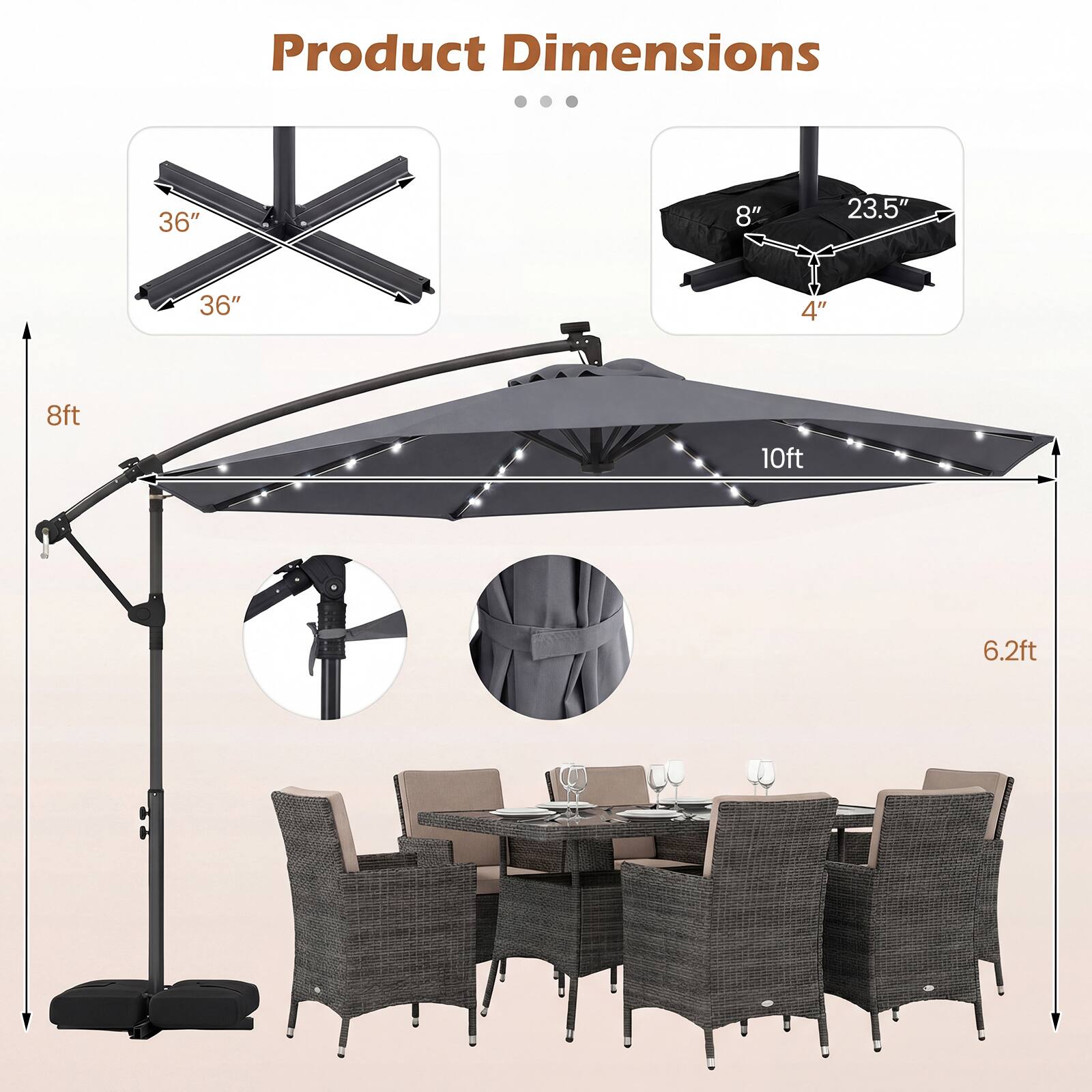 Product Dimensions

36"  
8"  
23.5"  
36"  
4"  
8ft  
10ft  
6.2ft
