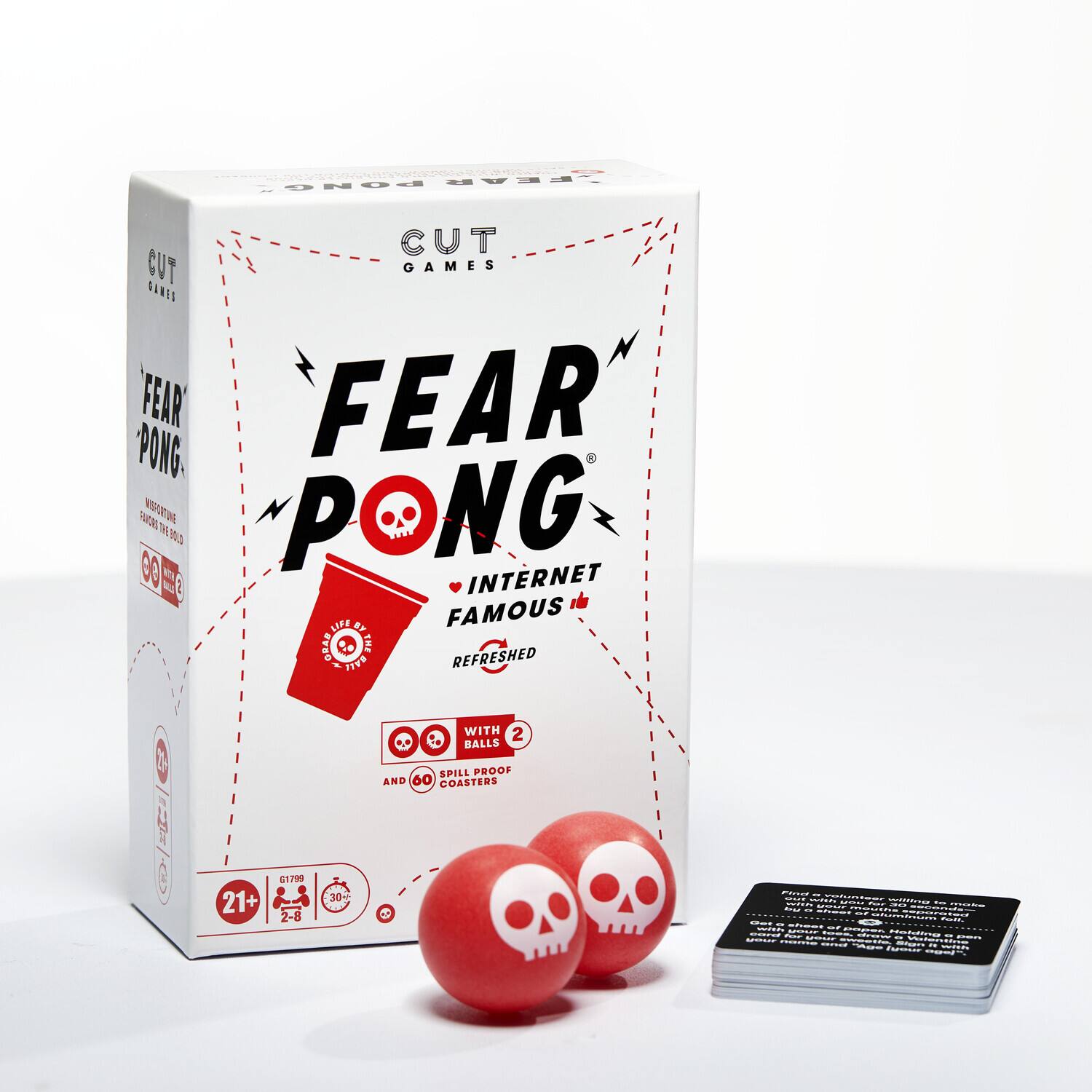 CUT GAMES

FEAR PONG  
INTERNET FAMOUS  
REFRESHED

WITH 2 BALLS  
AND 60 SPILL PROOF COASTERS

21+  
2-8  
30 MIN

FEAR PONG  
WITH THE FEAR OF THE BALL

CUT GAMES