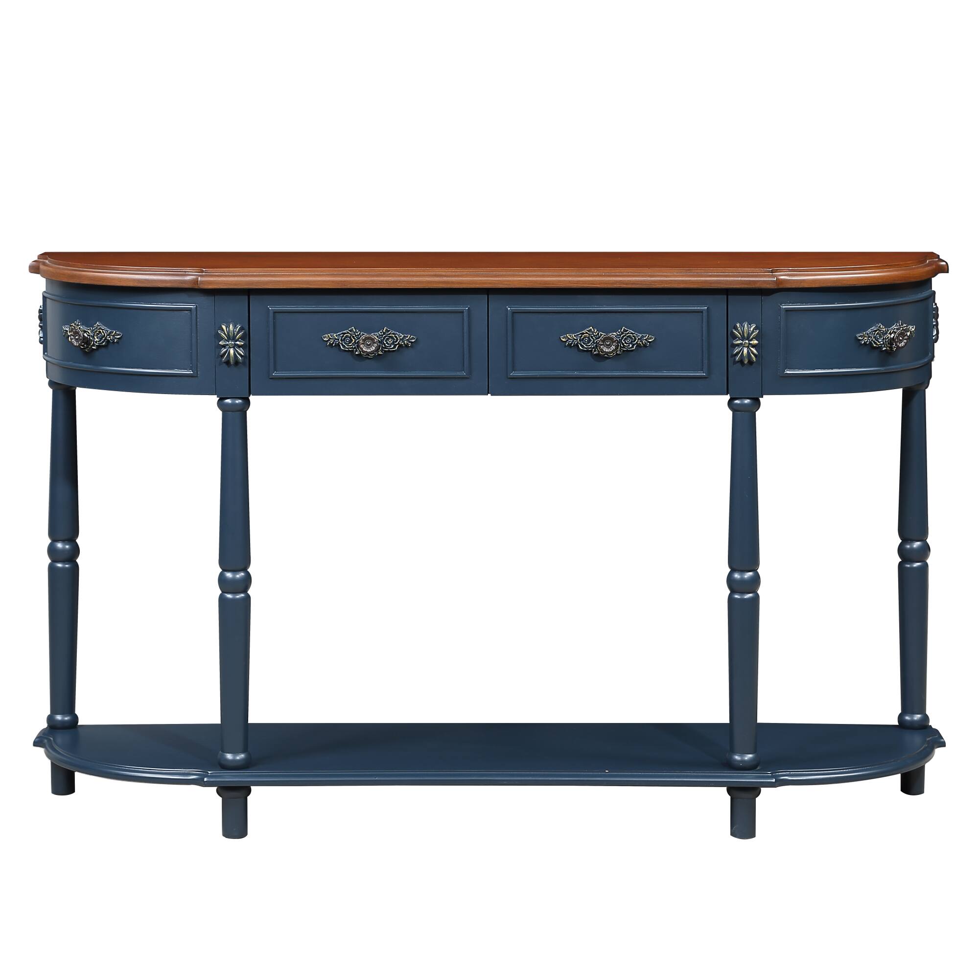Alt View 4. GOODSILO - Retro Curved Wood Console Table with Open Shelf and Drawers Half Moon Sofa Table Solid Wood Entry Table - Navy Blue.