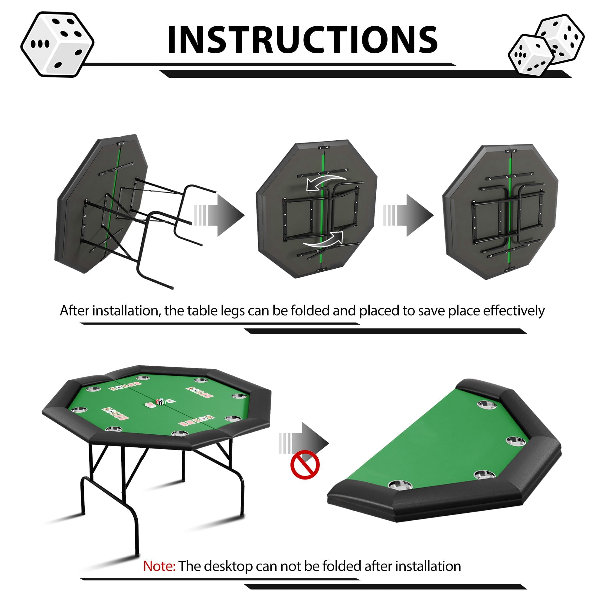 **INSTRUCTIONS**

After installation, the table legs can be folded and placed to save place effectively.

Note: The desktop can not be folded after installation.