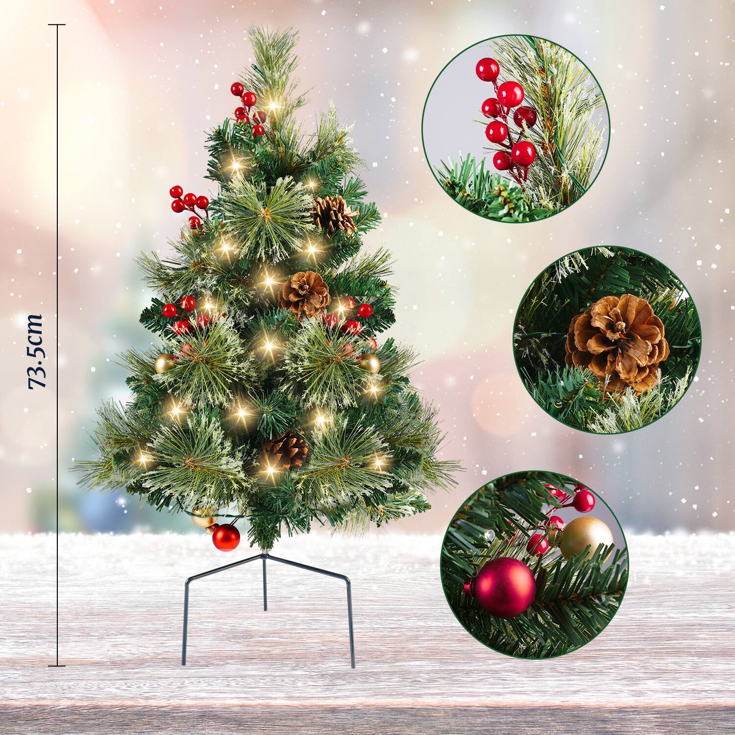 Angle. MOVSSOU - 24in Mini Christmas Trees Set of 2 Artificial Christmas Trees Pre Lit 30 LED Lights Pine Berries Xmas Decor - green.
