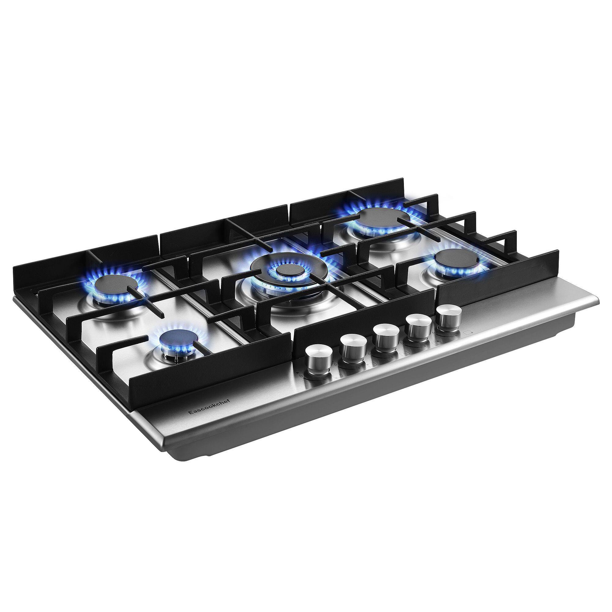 Left. COWLOWN - 30 Inch 5-Burner Gas Cooktop Built-in Stainless Steel Hob High Efficiency Dual Fuel Thermocouple Protection - Silver.