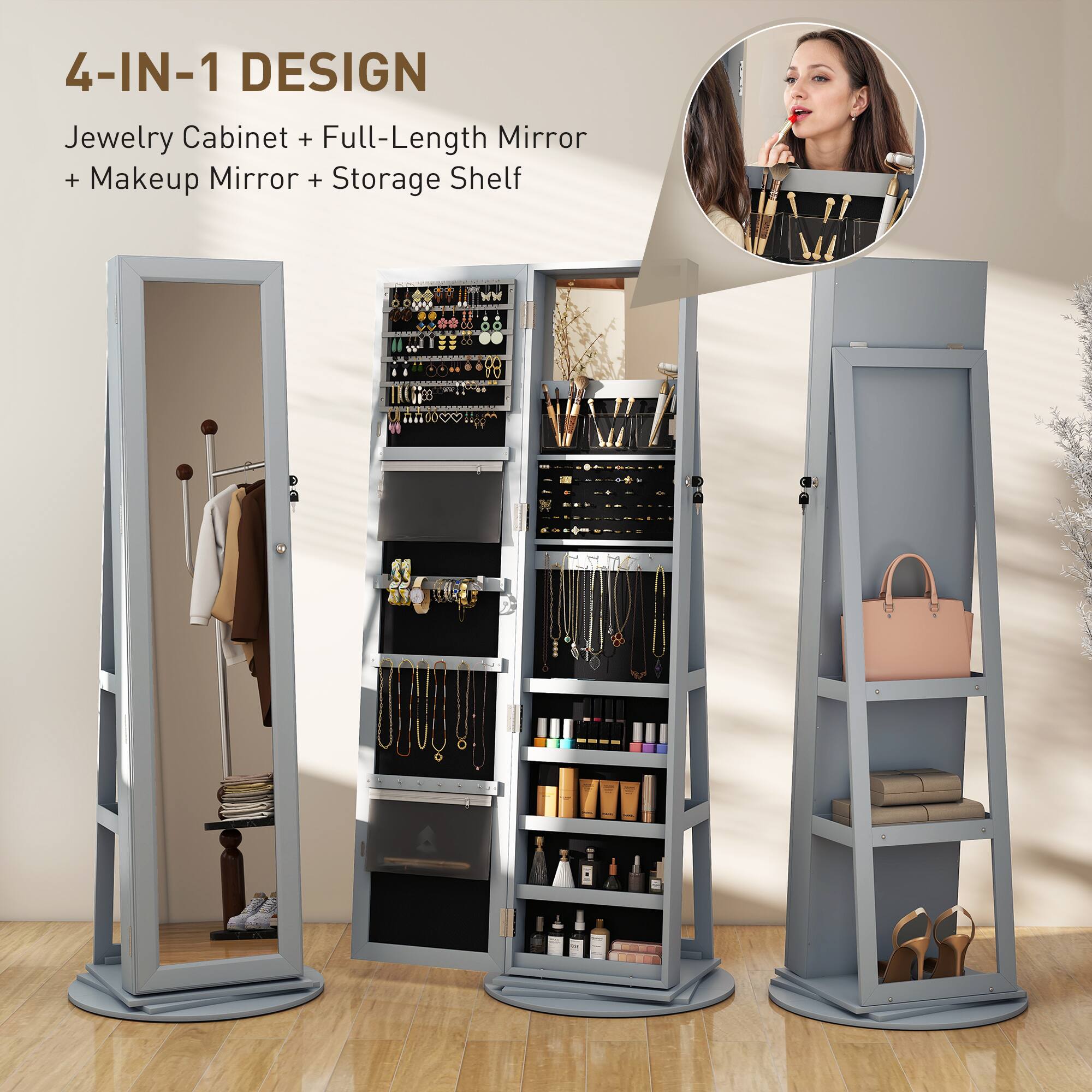 4-IN-1 DESIGN
Jewelry Cabinet + Full-Length Mirror + Makeup Mirror + Storage Shelf