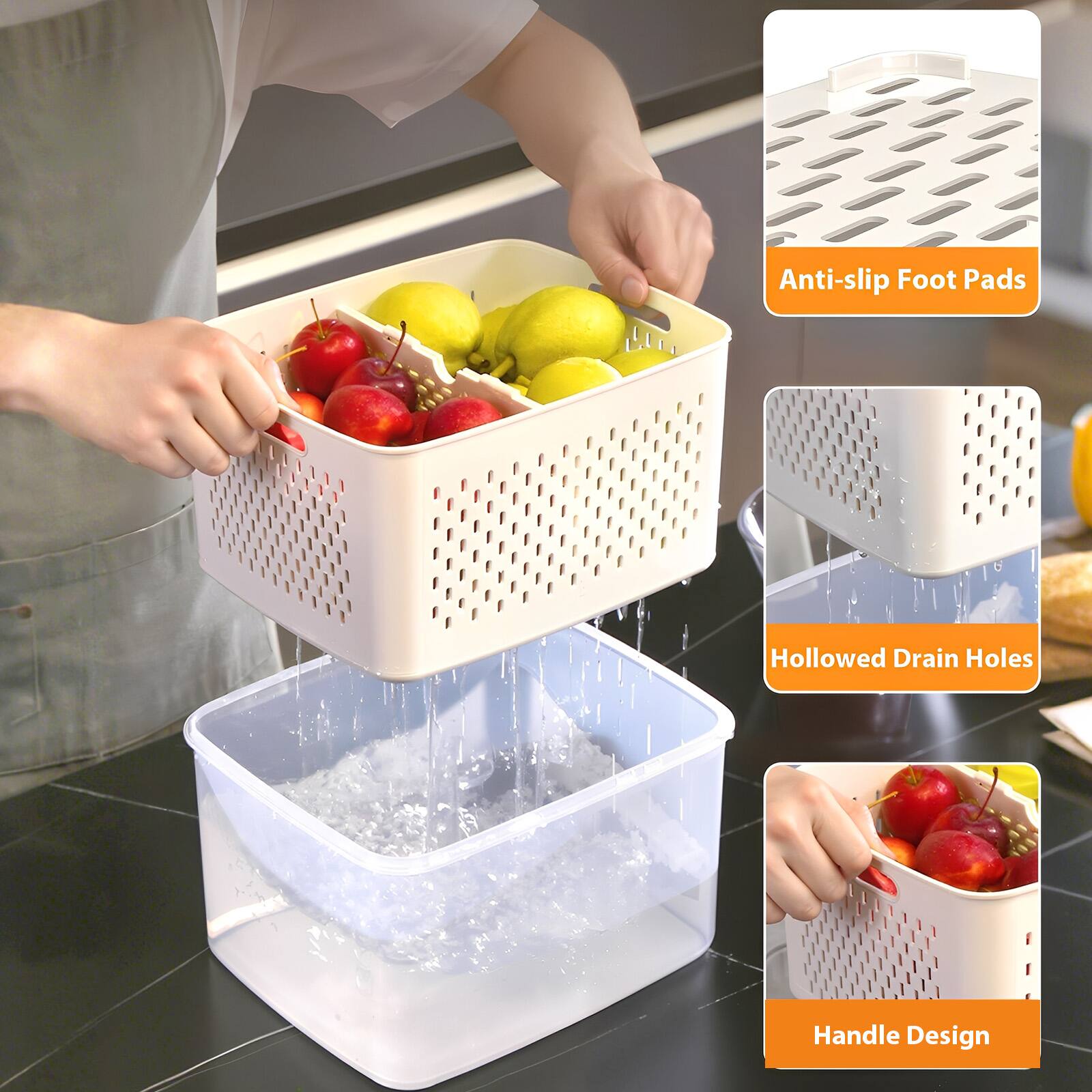 Anti-slip Foot Pads  
Hollowed Drain Holes  
Handle Design