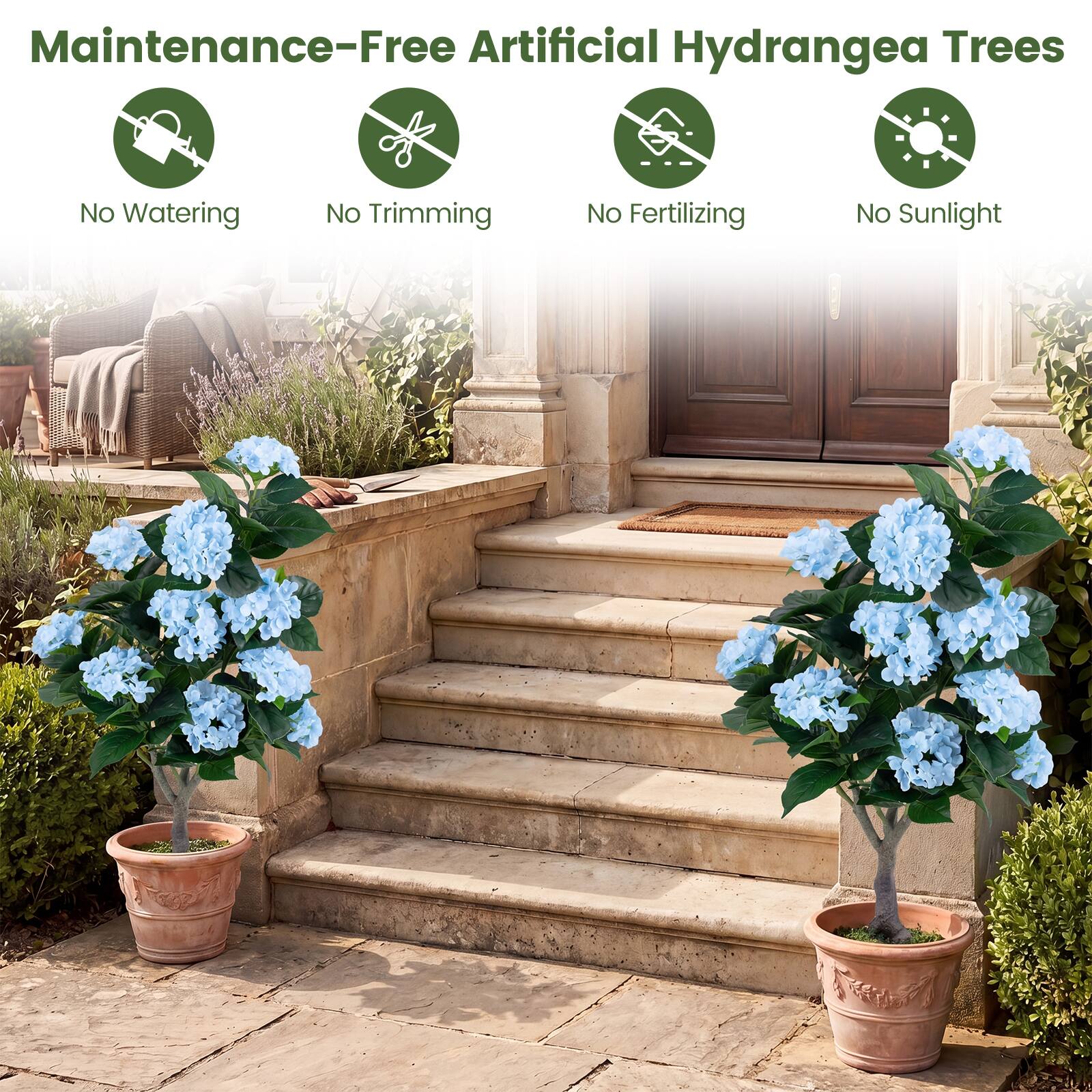 Maintenance-Free Artificial Hydrangea Trees  
No Watering  
No Trimming  
No Fertilizing  
No Sunlight