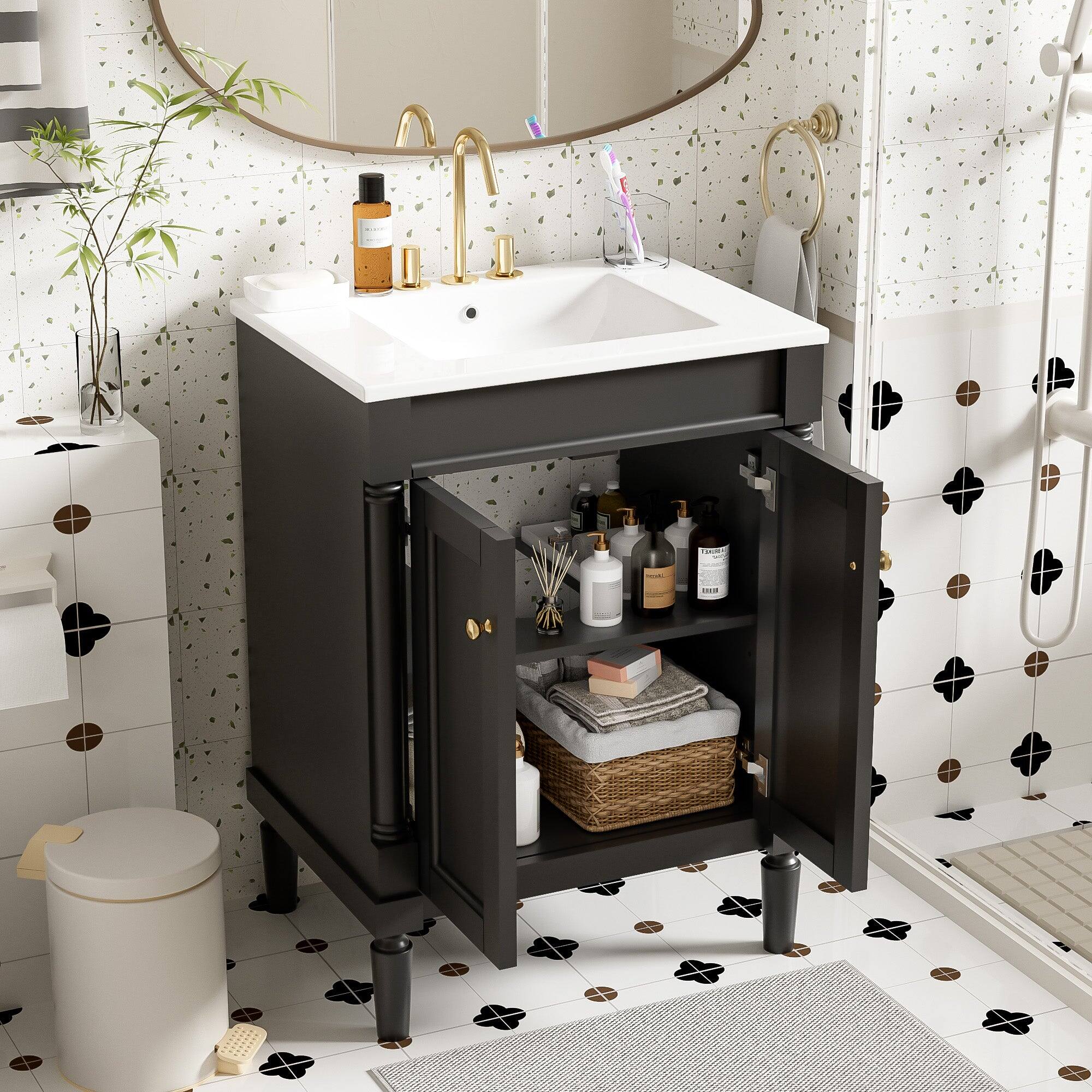 Alt View 2. Boyel Living - 24 Inch Bathroom Vanity Black with Ceramic Sink Solid Wood Frame Double Door Storage - Black.