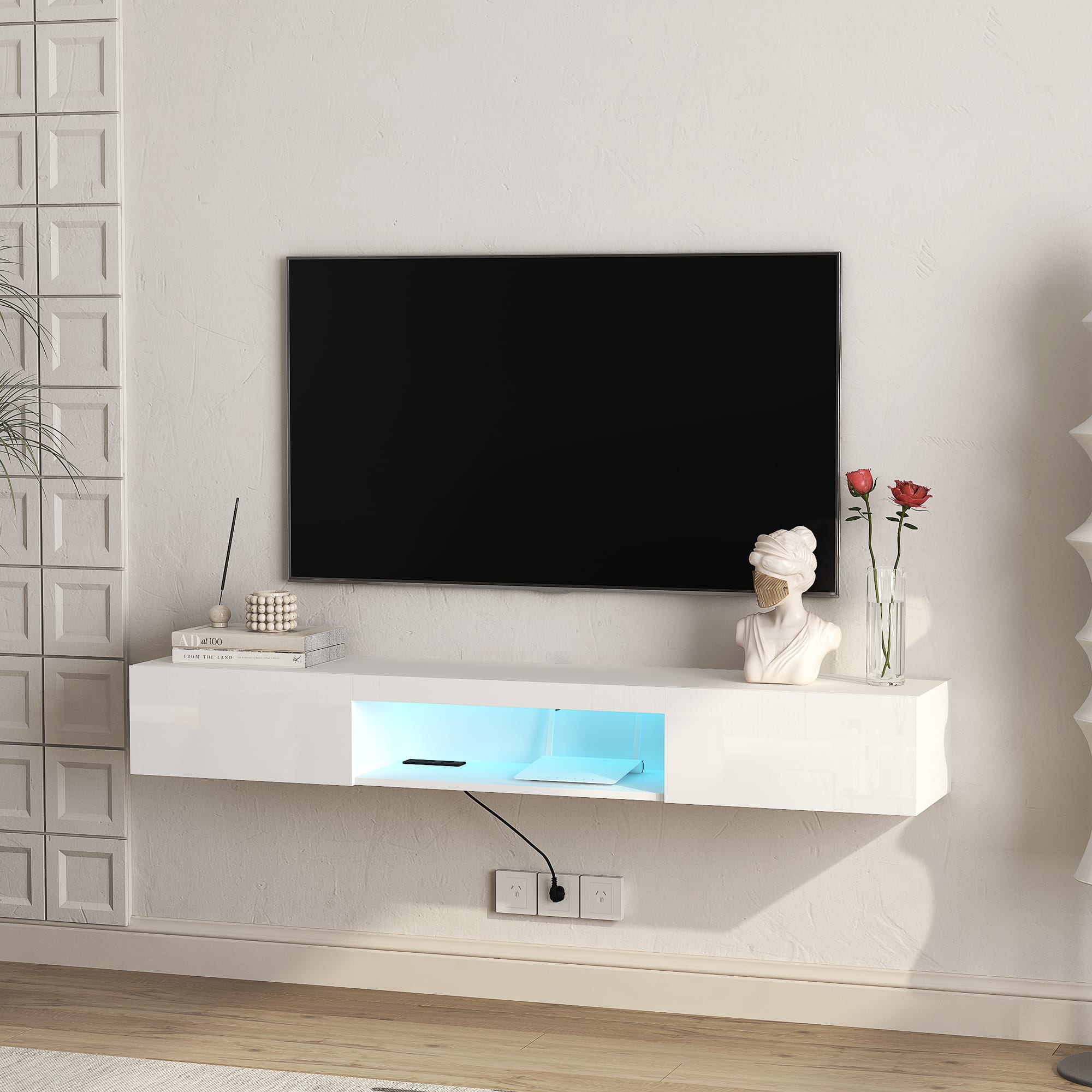 Z-Edge - Floating TV Shelf, 63'' Wall Mounted TV Stand Floating TV Console Media Entertainment Under TV Shelf for Living Room - White