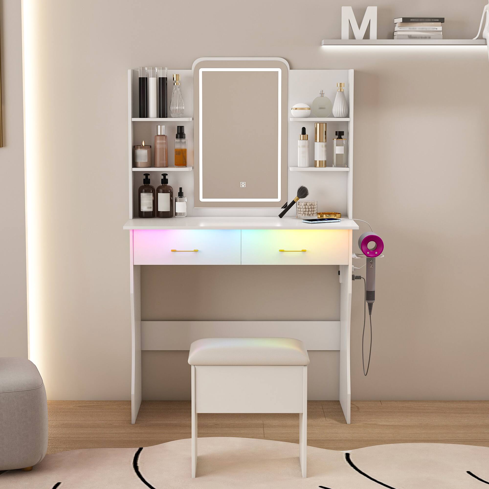 Back. PexFix - Vanity Set with LED Mirror, RGB Lights, Power Outlet & Storage Drawers, Perfect for Bedroom - White.