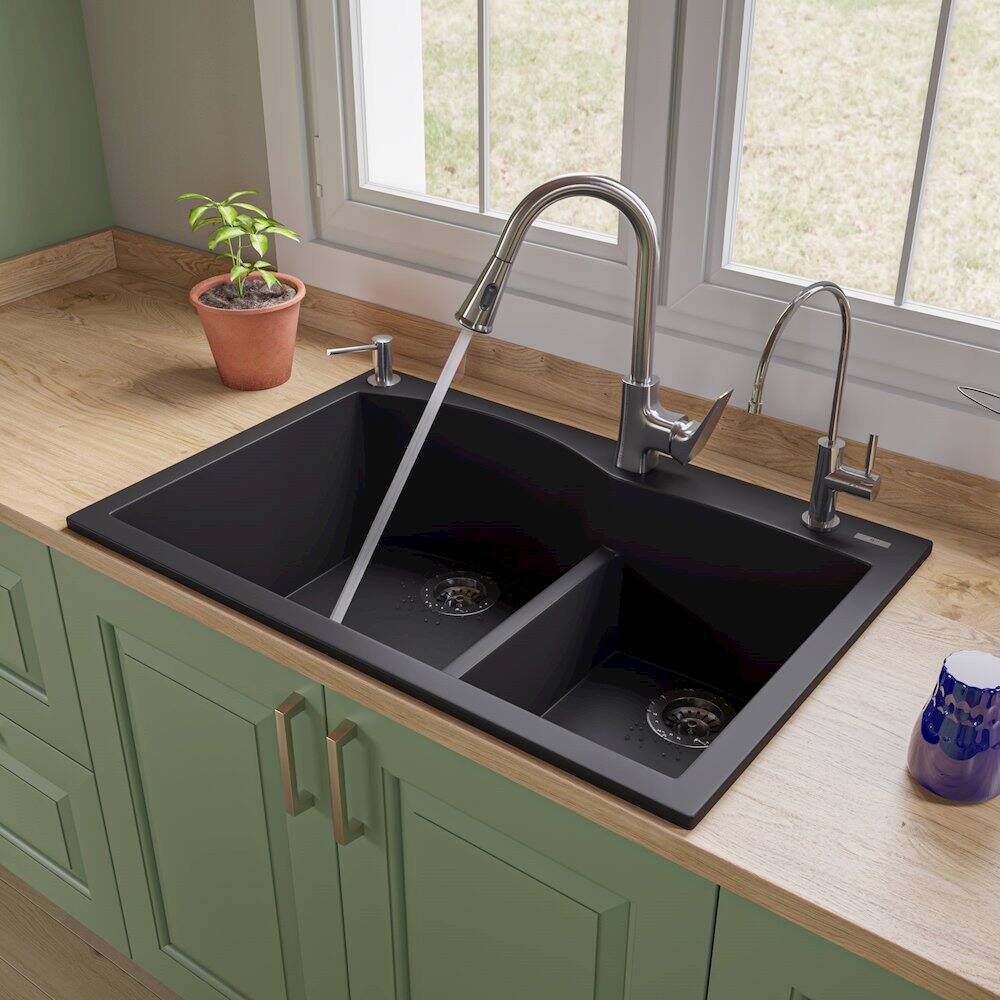 Angle. Alfi - Black 33" Double Bowl Drop In Granite Composite Kitchen Sink - Black.
