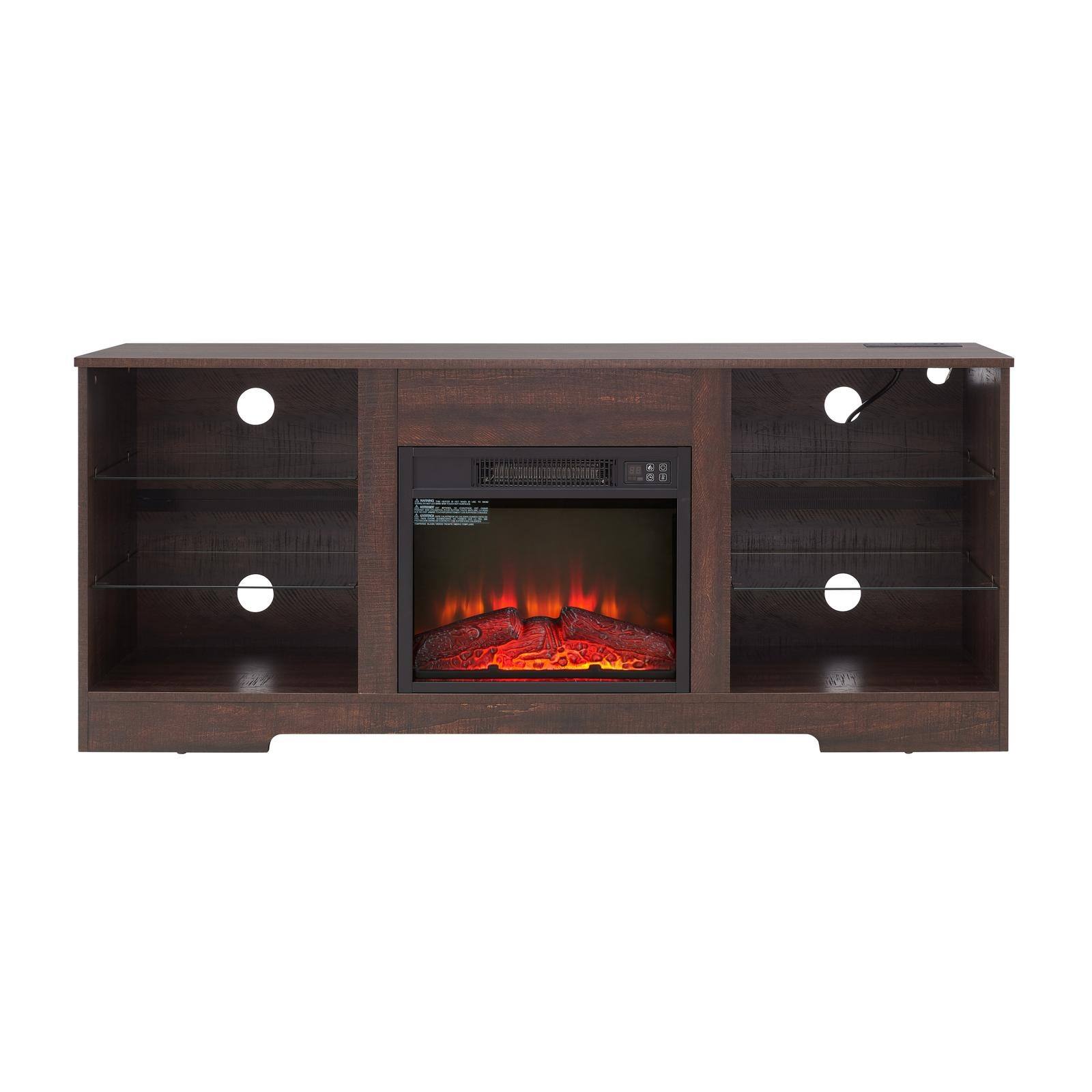 Angle. Spaco - Spaco Electric Fireplace TV Stand for 62 Inch TVs, 3D LED Flame, Glass Shelves, USB Charging Outlet, for Living Room - Espresso.