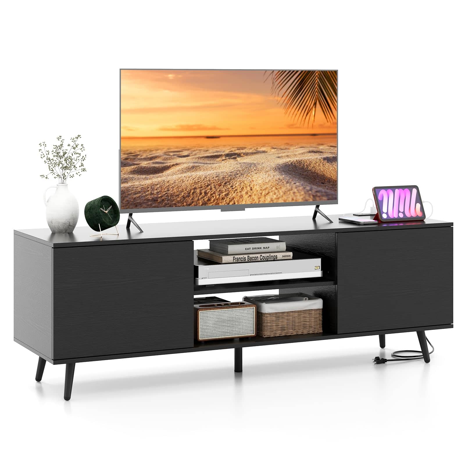 Ecooso - TV Stand with Power Outlets and Adjustable Shelf for 60 Inch TV - Black