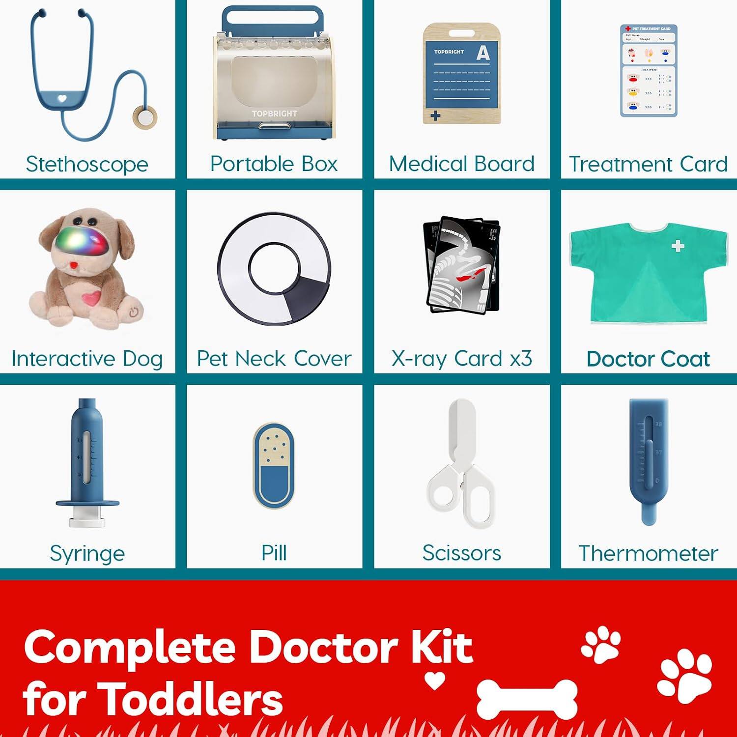 TOPRISEIT A TOPBRIGHT Stethoscope Portable Box Medical Board Treatment Card + Interactive Dog Pet Neck Cover X-ray Card x3 Doctor Coat Syringe Pill Scissors Thermometer Complete Doctor Kit for Toddlers