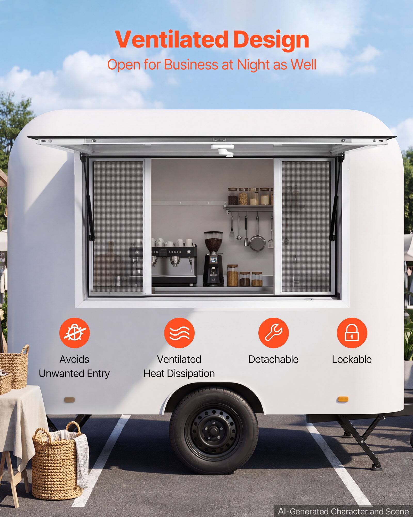Ventilated Design  
Open for Business at Night as Well  
Avoids Unwanted Entry  
Ventilated Heat Dissipation  
Detachable  
Lockable  

AI-Generated Character and Scene