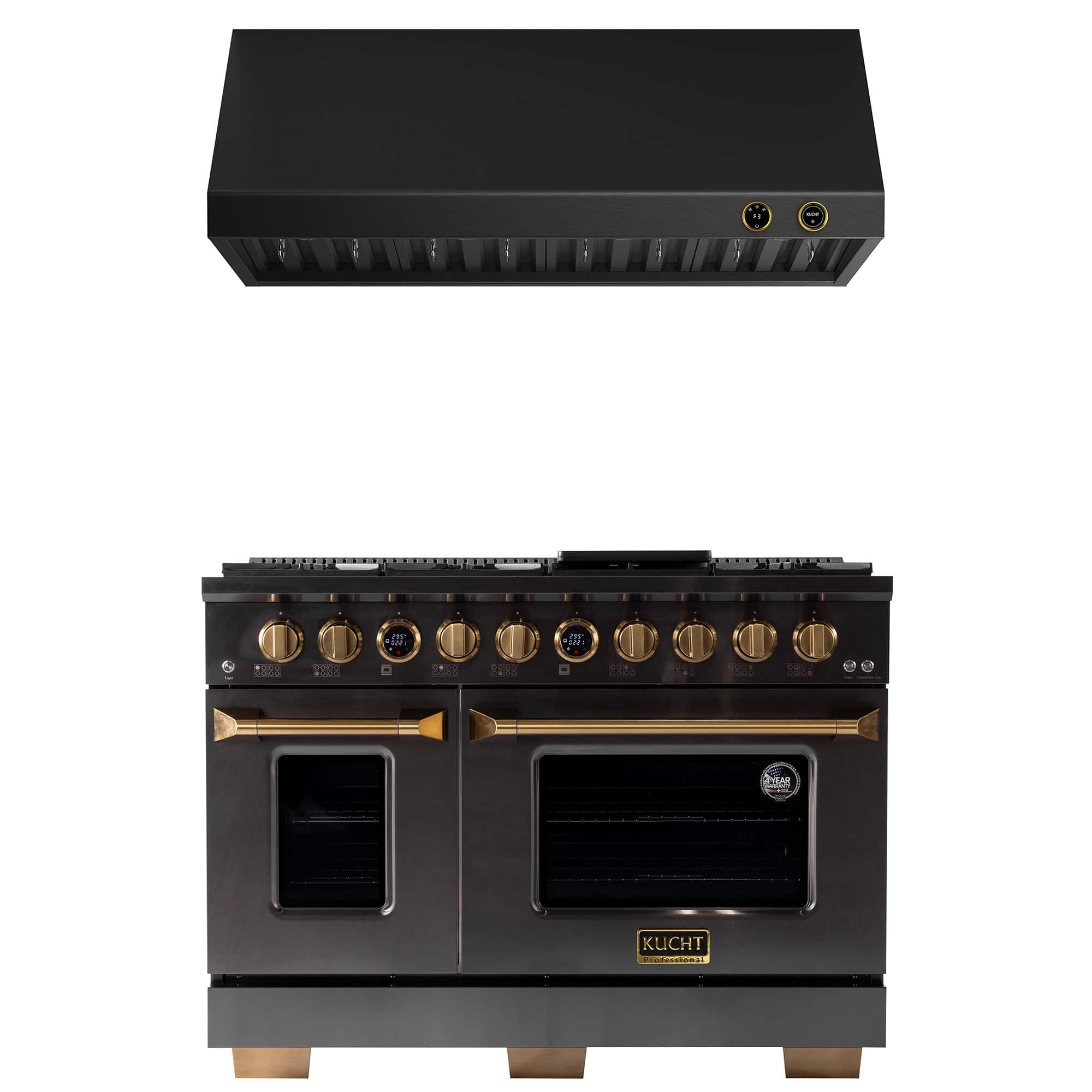Kucht - 48 in. 6.7 cu. ft. 8 Burners Dual Fuel Range for Natural Gas in Titanium Stainless Steel + Under Cabinet Range Hood - Gemstone with Gold accents