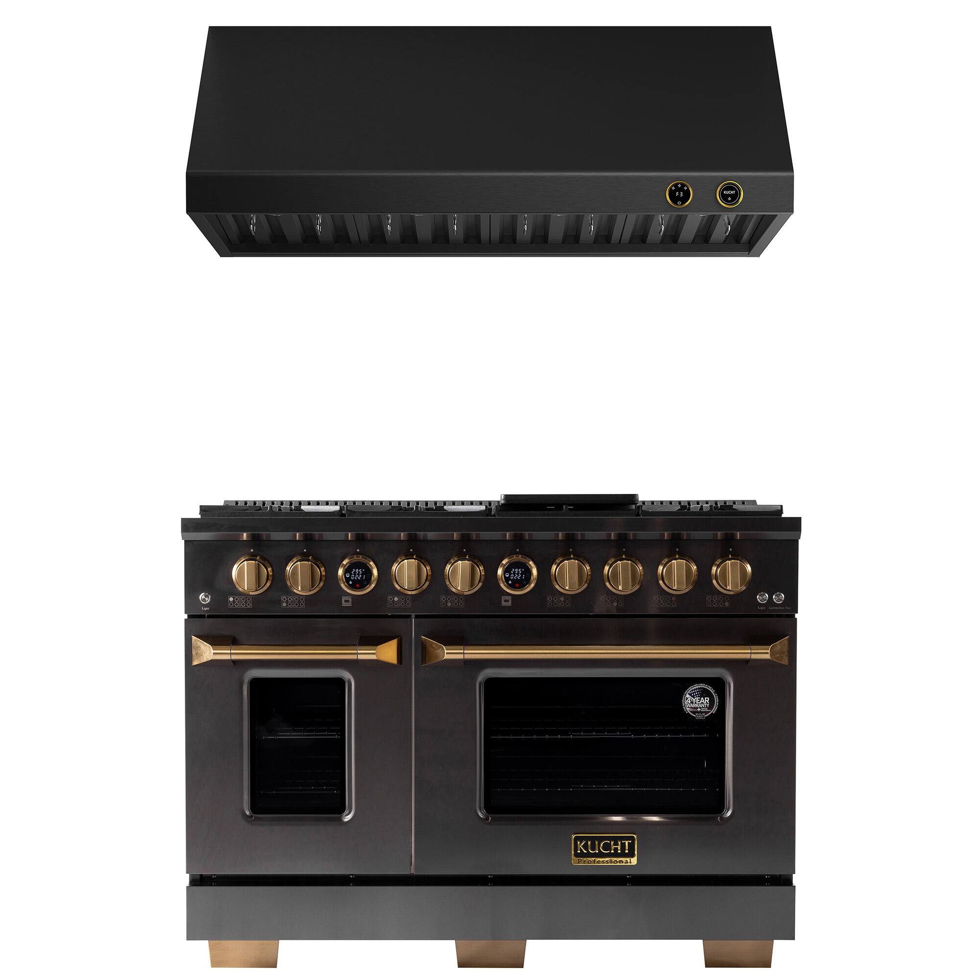 Kucht - 48 in. 6.7 cu. ft. 8 Burners Dual Fuel Range for Propane Gas in Titanium Stainless Steel + Under Cabinet Range Hood - Gemstone with Gold accents