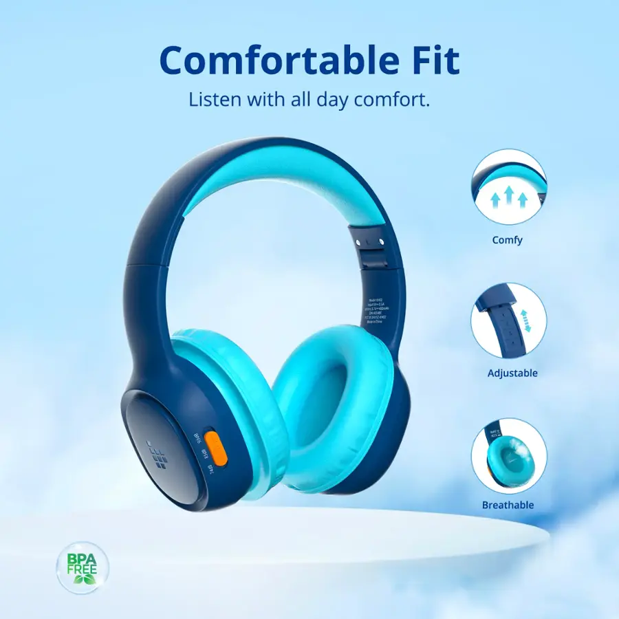 The text on the image is grouped and corrected as follows:

Comfortable Fit: Listen with all day comfort. Comfy - Adjustable - Breathable - BPA FREE.