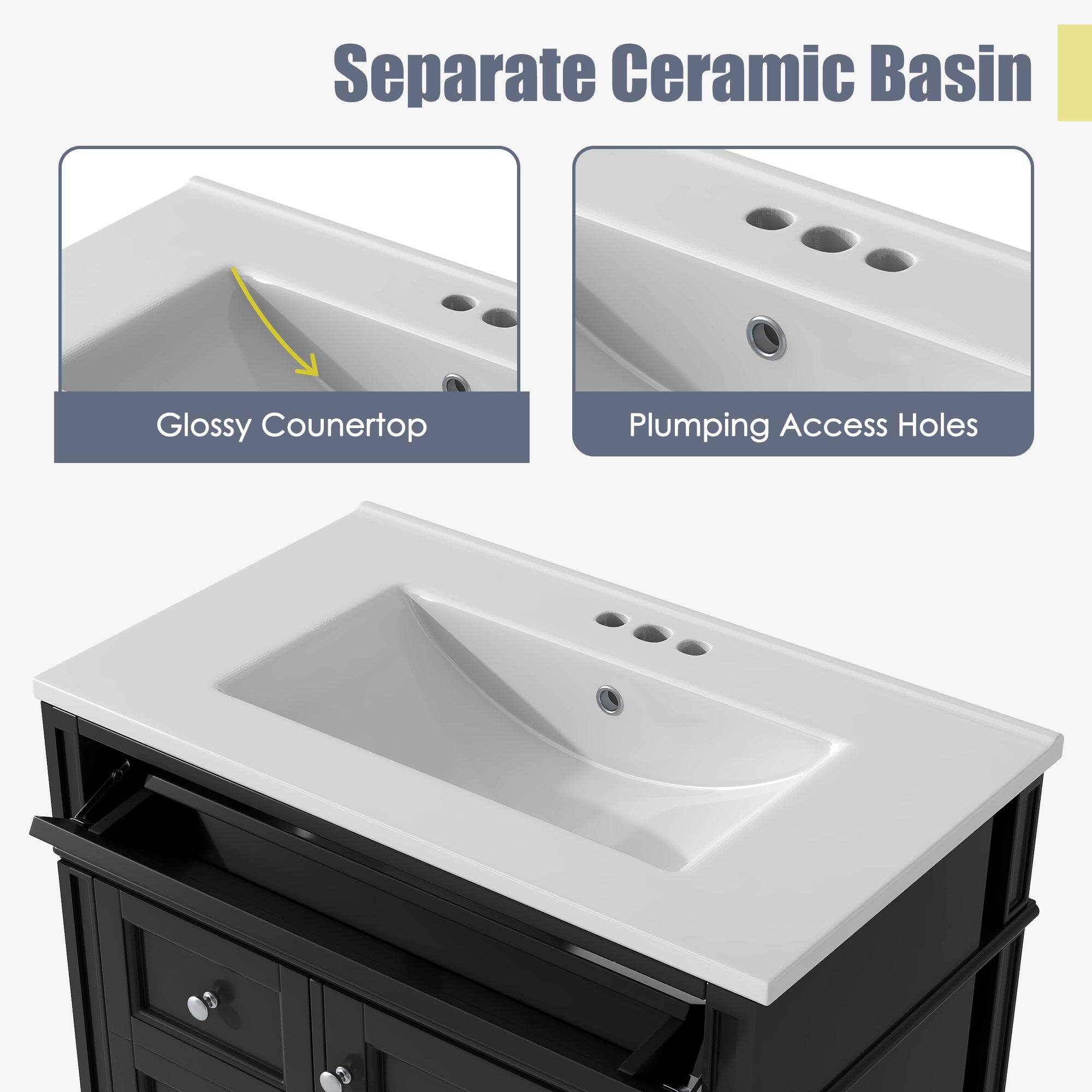 Separate Ceramic Basin

- Glossy Countertop
- Plumbing Access Holes