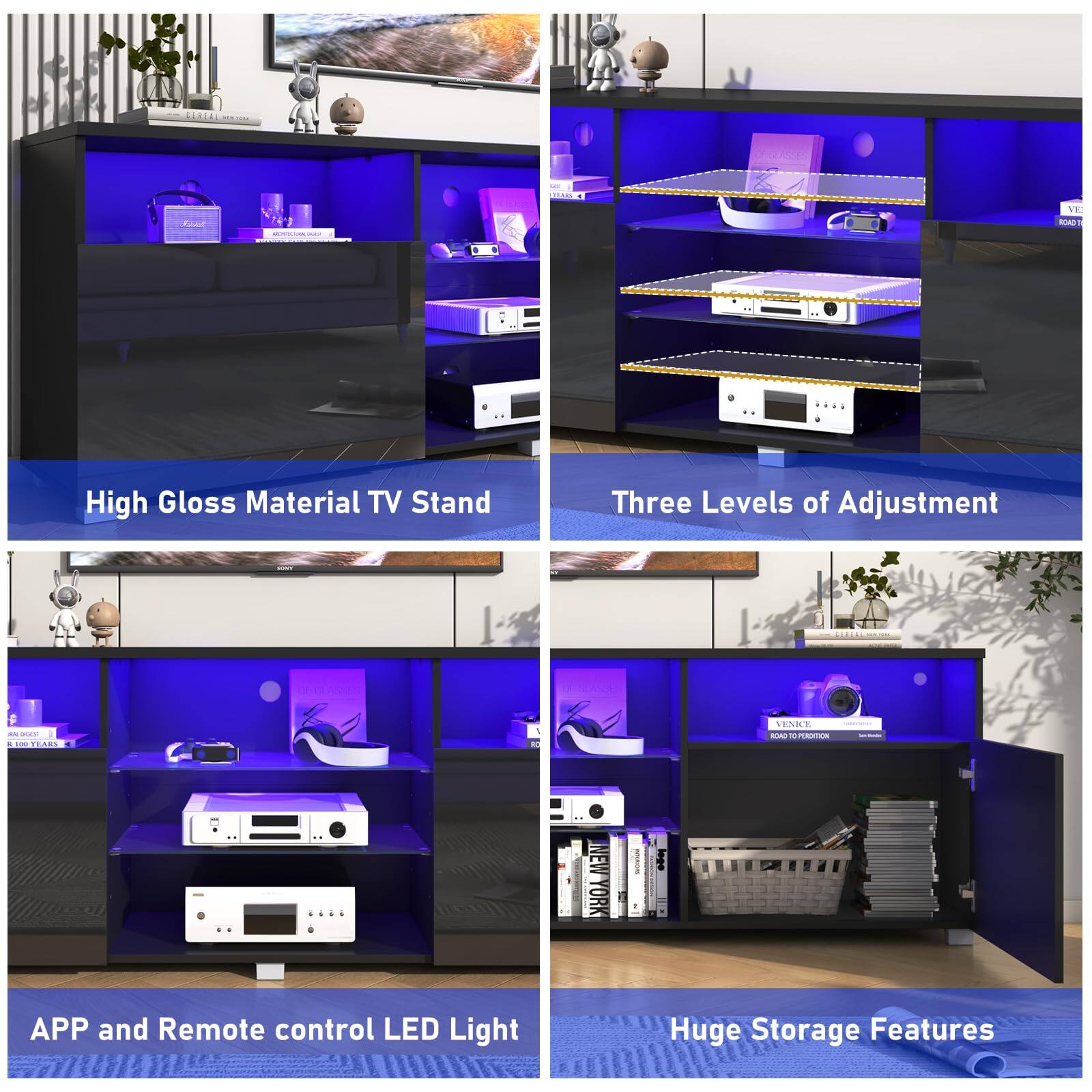 - High Gloss Material TV Stand
- Three Levels of Adjustment
- APP and Remote control LED Light
- Huge Storage Features