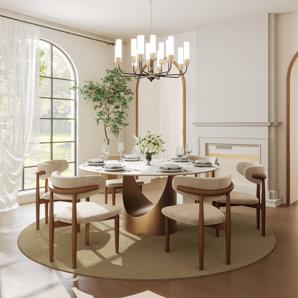 Left. POVISON - 59" White Round Matte Sintered Stone Dining Table with Bronze U-shaped Steel Base - White Matte Sintered Stone with Bronze Steel Base.