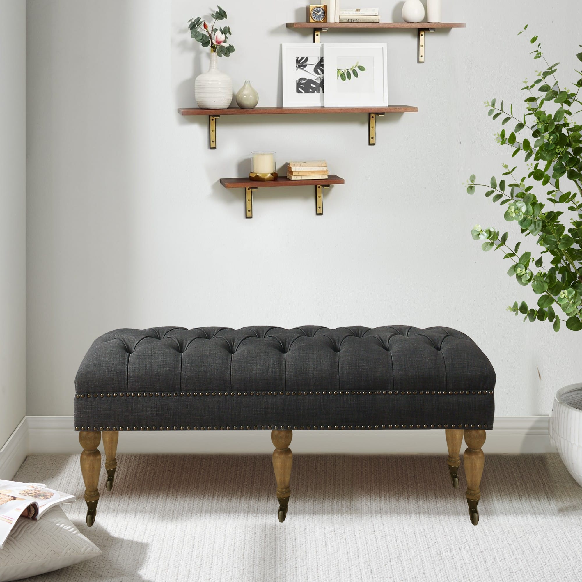 Boyel Living - Small Tufted Linen Bench with Solid Wood Legs - Dark Gray