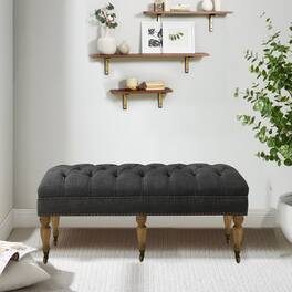 Boyel Living - Small Tufted Linen Bench with Solid Wood Legs - Dark Gray