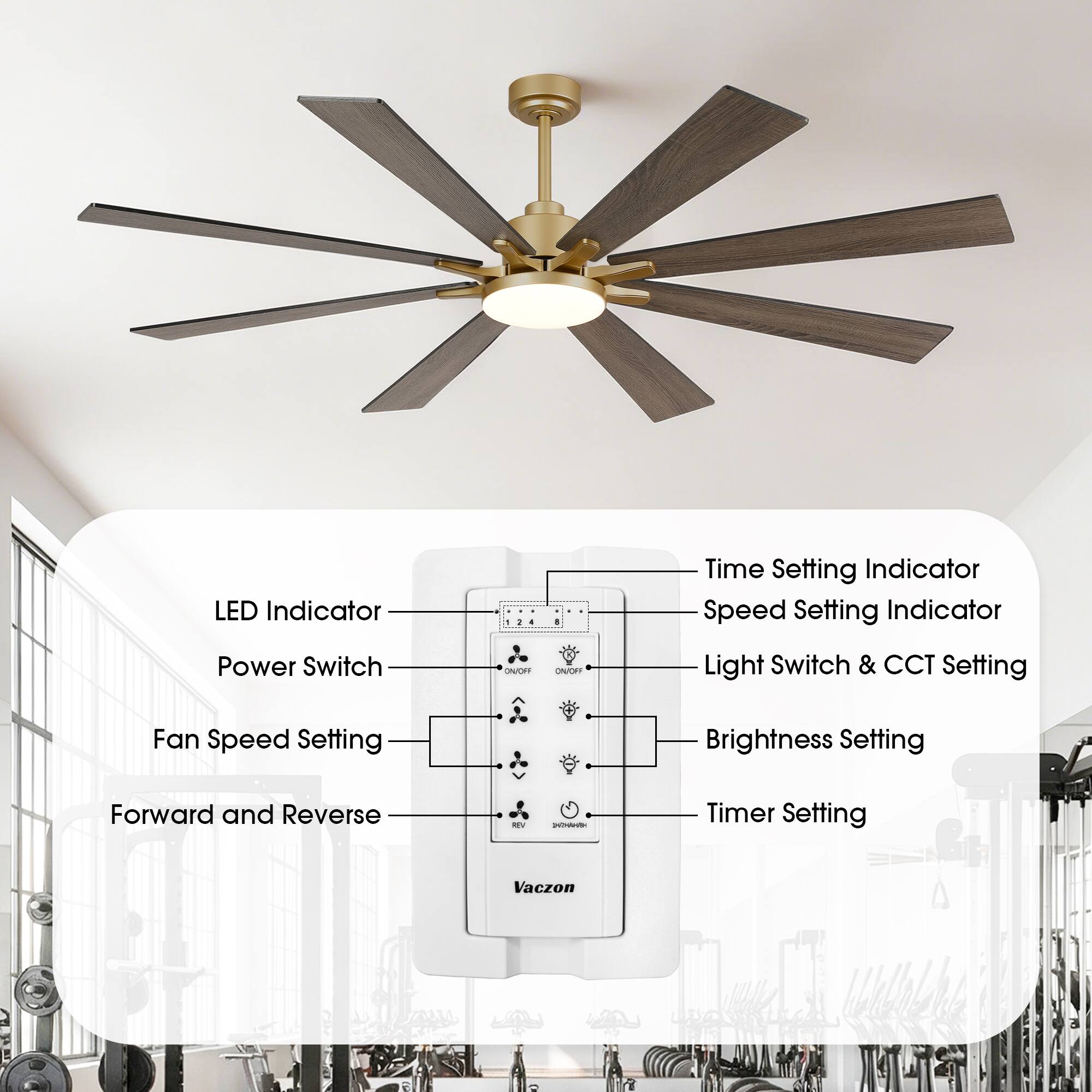 LED Indicator  
Time Setting Indicator  
Speed Setting Indicator  
Power Switch ON/OFF  
Light Switch & CCT Setting  
Fan Speed Setting  
Brightness Setting  
Forward and Reverse  
Timer Setting  
Vacron