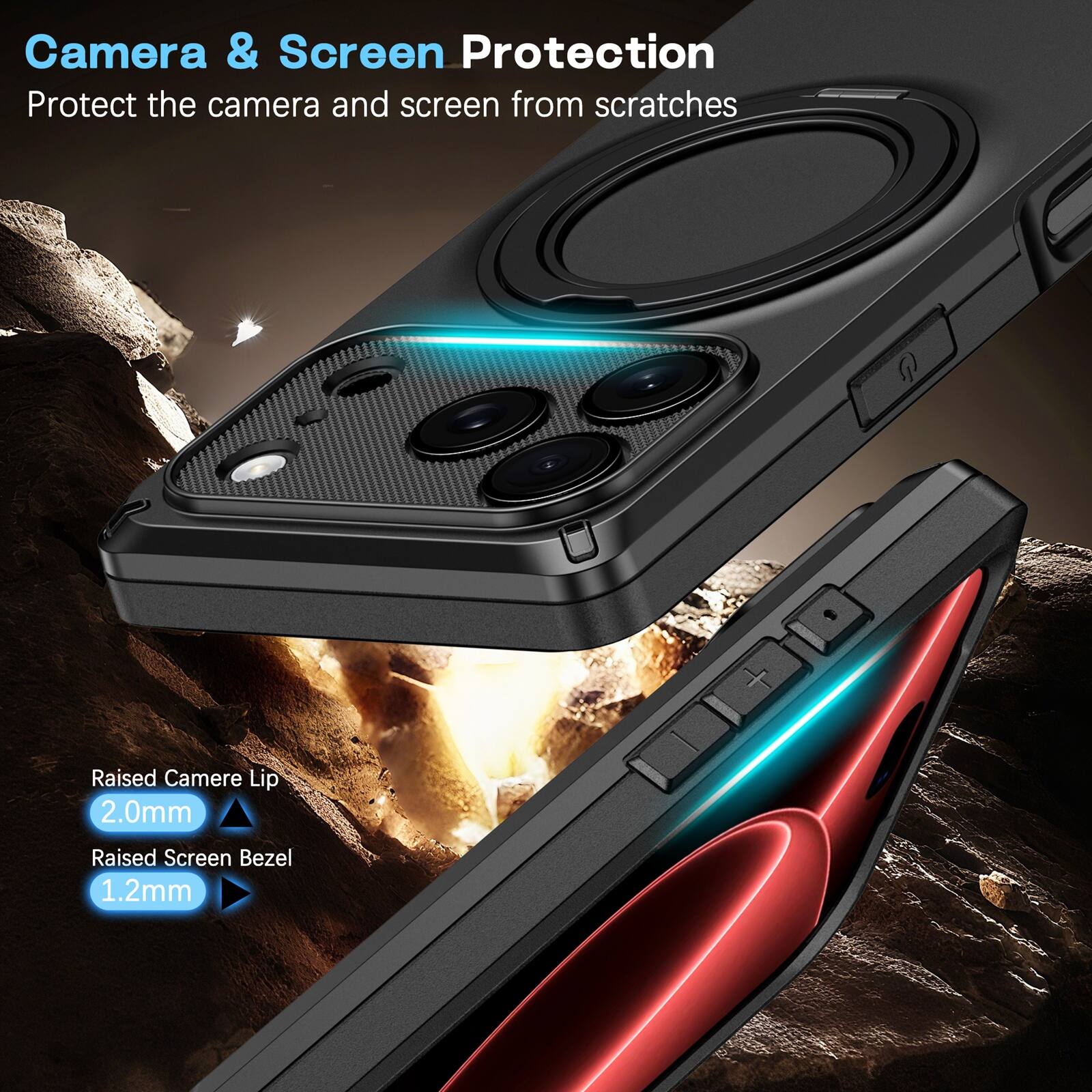Camera & Screen Protection  
Protect the camera and screen from scratches  

Raised Camera Lip 2.0mm  
Raised Screen Bezel 1.2mm