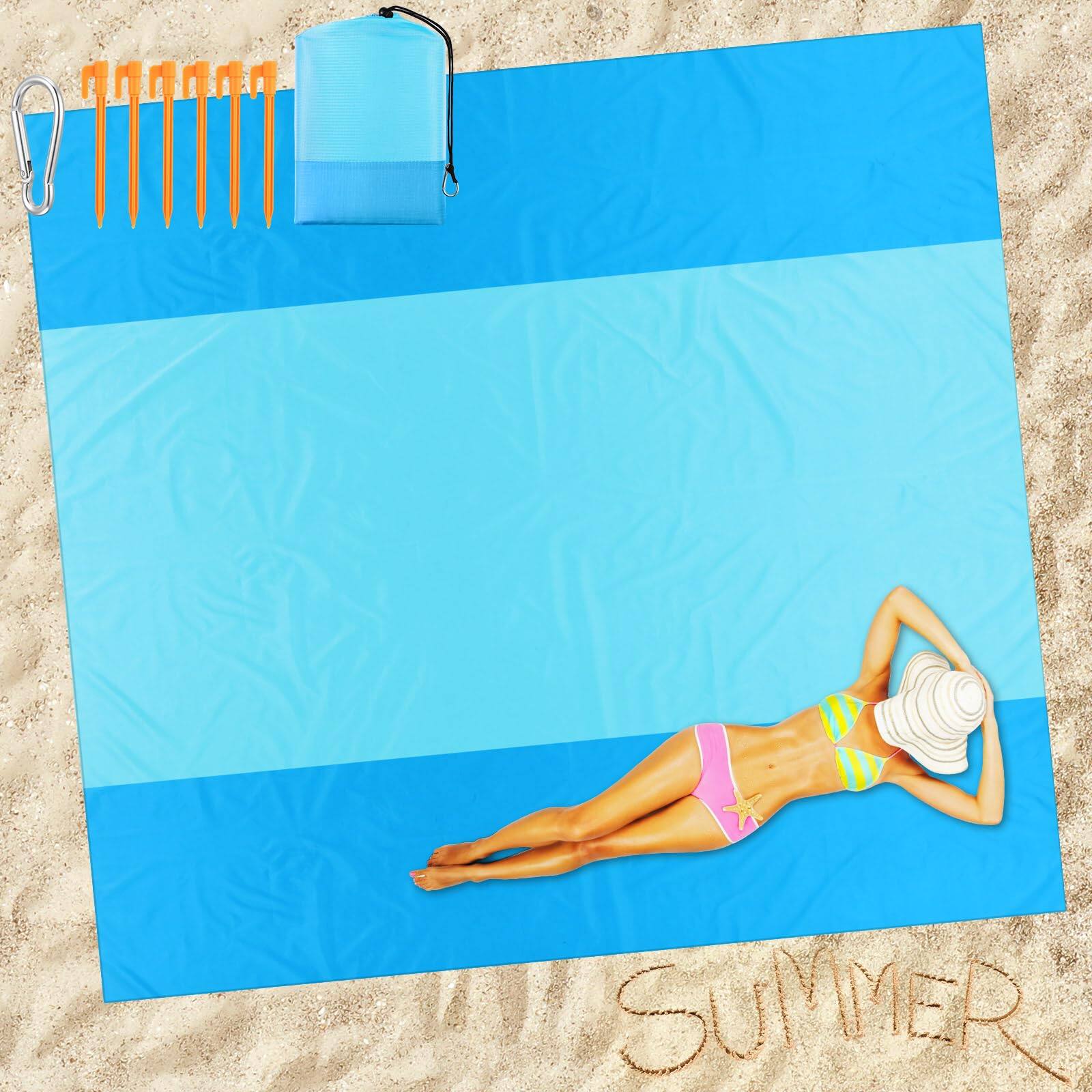 Cedar Assembly - Extra Large Beach Blanket Sandproof Waterproof X 9 Ft Mat For 2-8 Adults Oversized Quick Drying Outdoor Pic - Blue Cyan