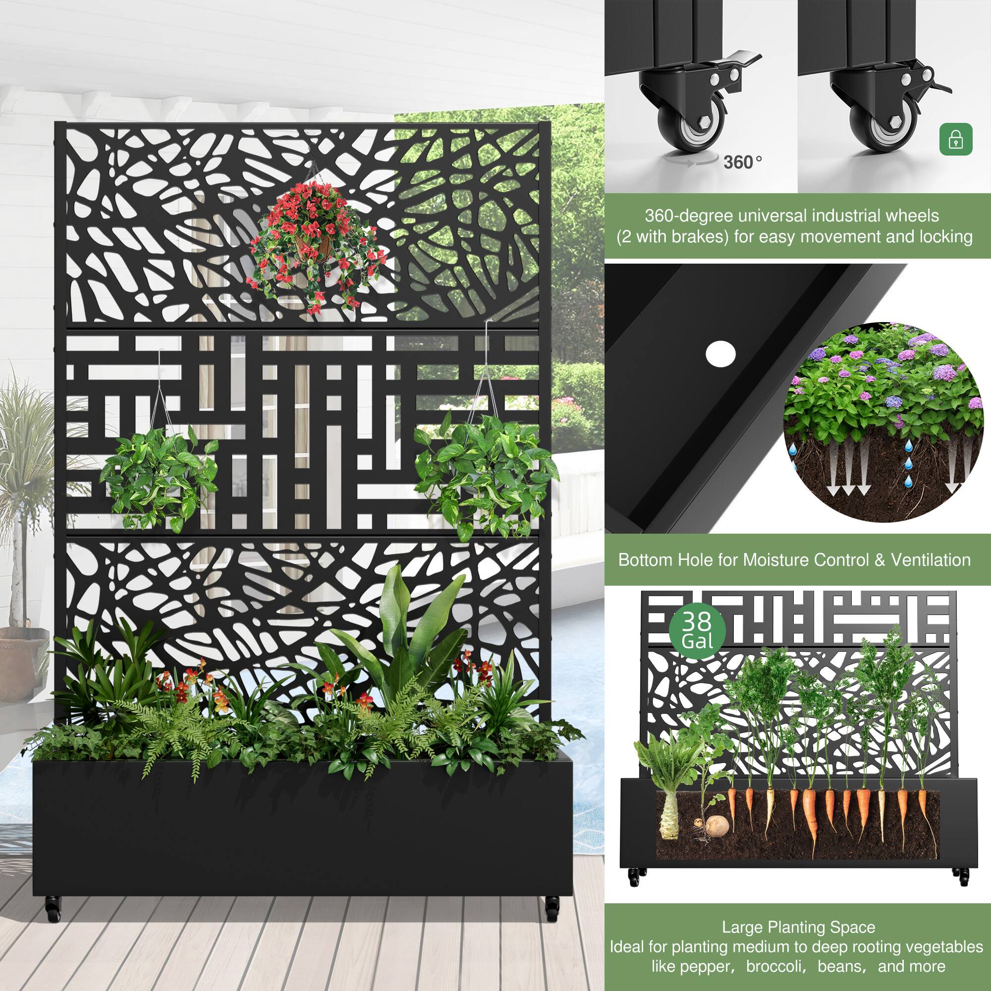 360-degree universal industrial wheels (2 with brakes) for easy movement and locking

Bottom Hole for Moisture Control & Ventilation

38 Gal

Large Planting Space
Ideal for planting medium to deep rooting vegetables like pepper, broccoli, beans, and more