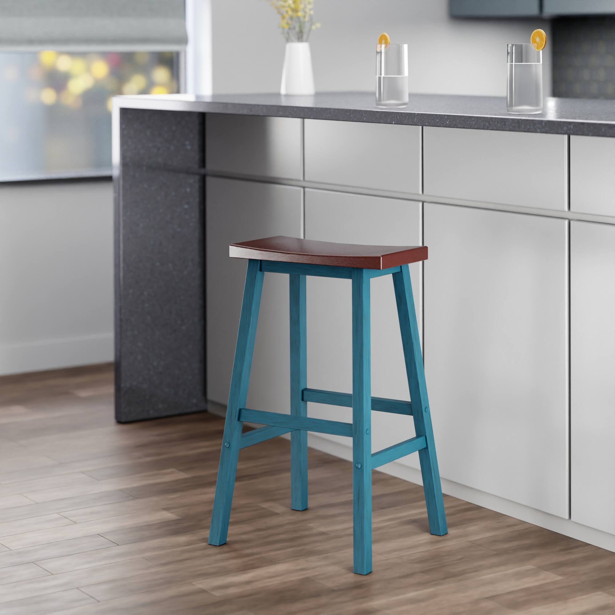 Alt View 7. Winsome Wood - Satori Saddle Seat Bar Stool - Walnut/Rustic Teal.