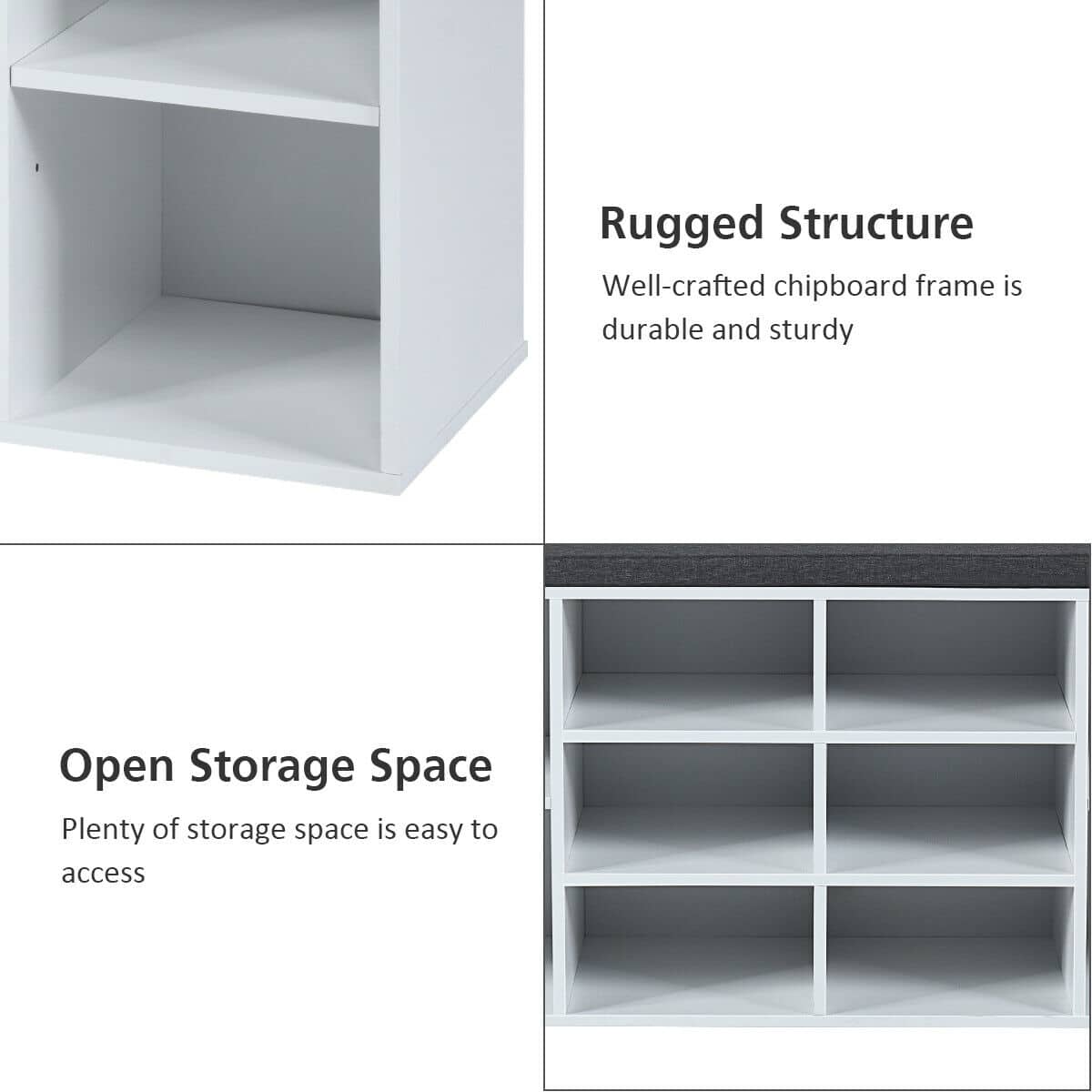 Rugged Structure: Well-crafted chipboard frame is durable and sturdy.
Open Storage Space: Plenty of storage space is easy to access.